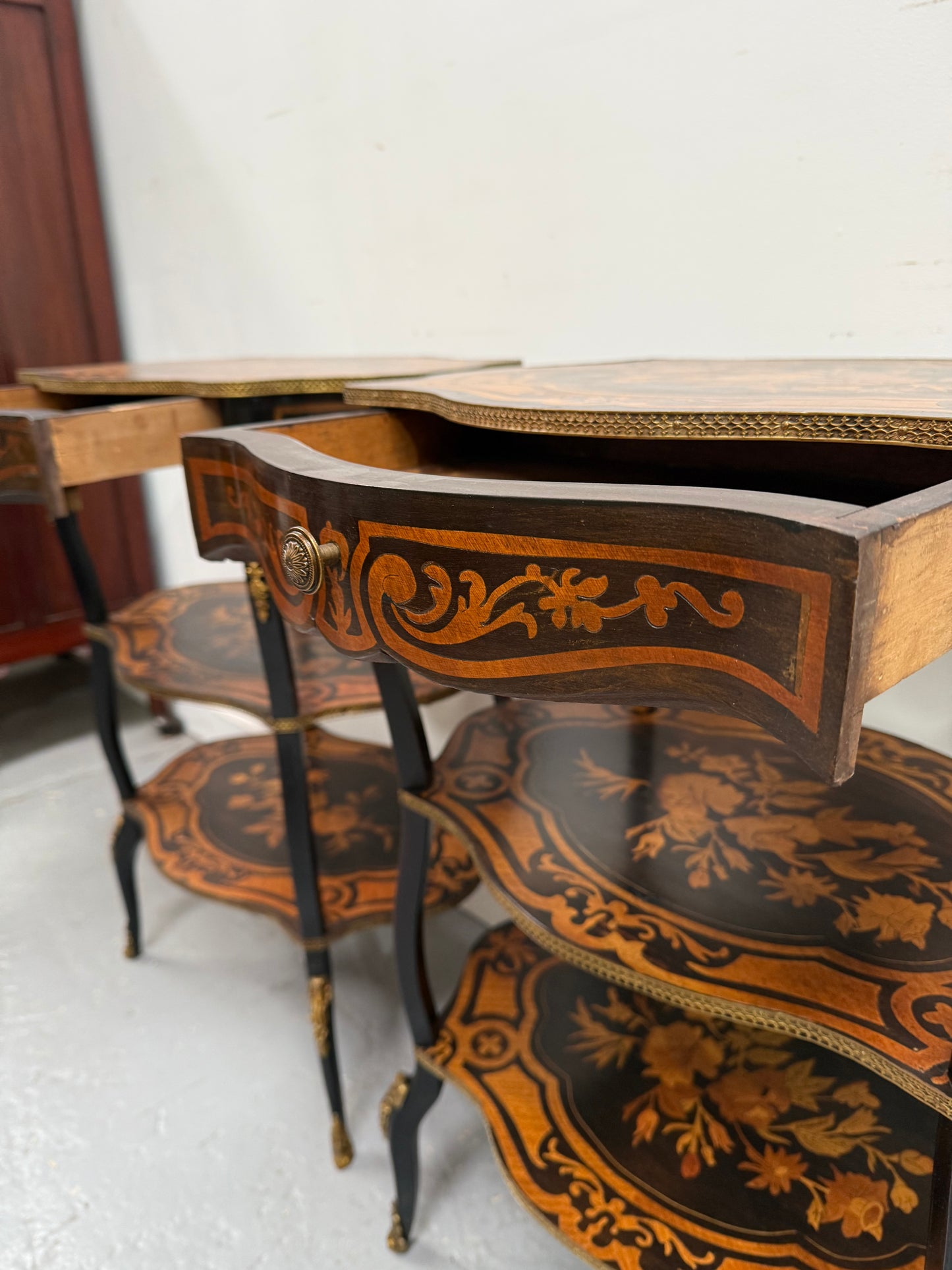 Pair of Late 19th Century Ebonised & Marquetry Three Tier Etageres