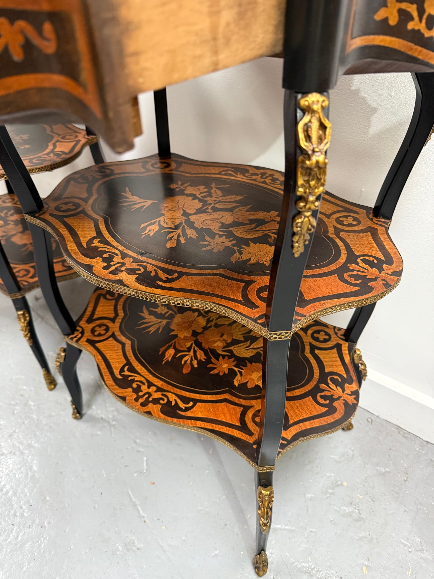 Pair of Late 19th Century Ebonised & Marquetry Three Tier Etageres