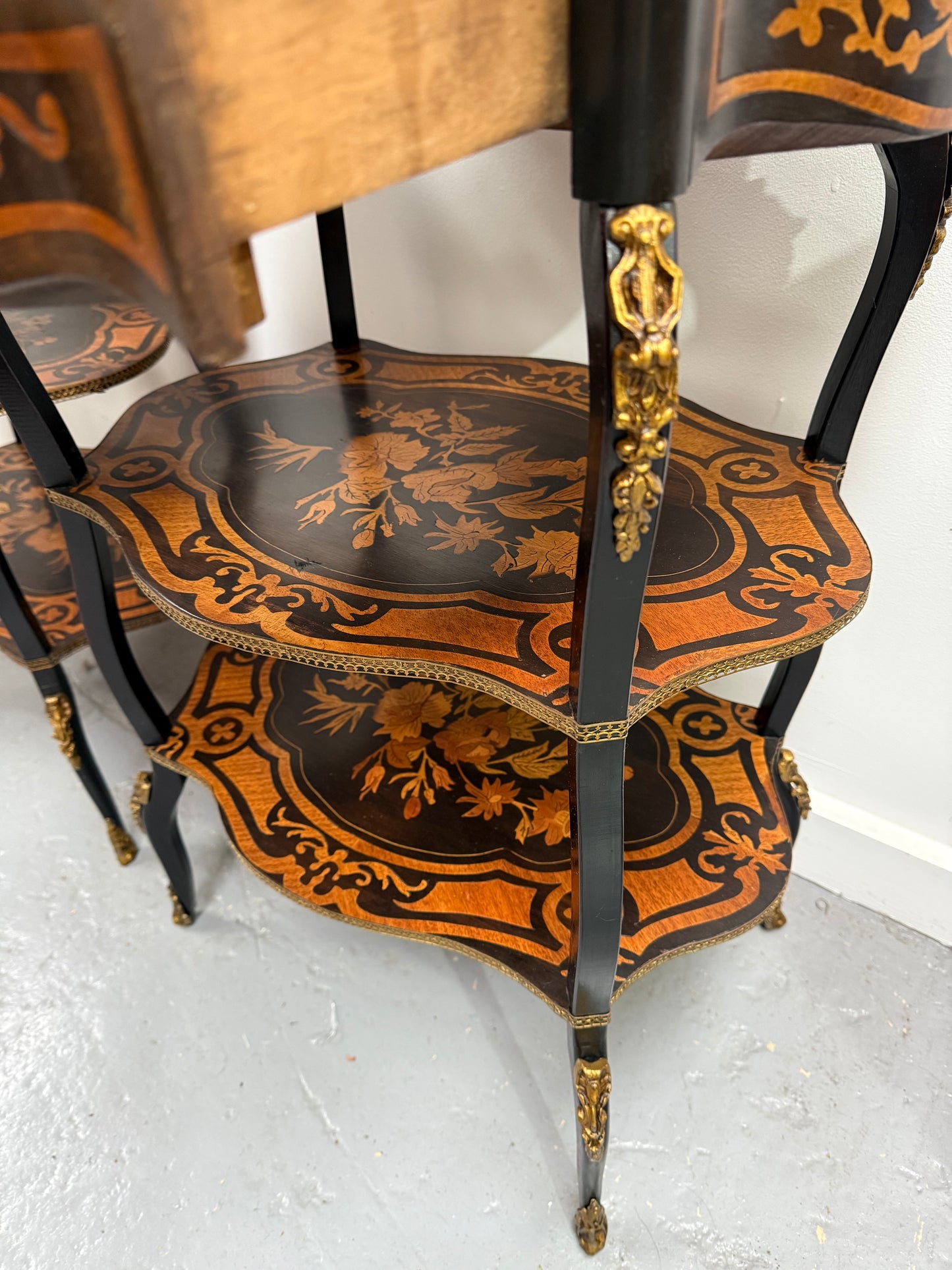 Pair of Late 19th Century Ebonised & Marquetry Three Tier Etageres