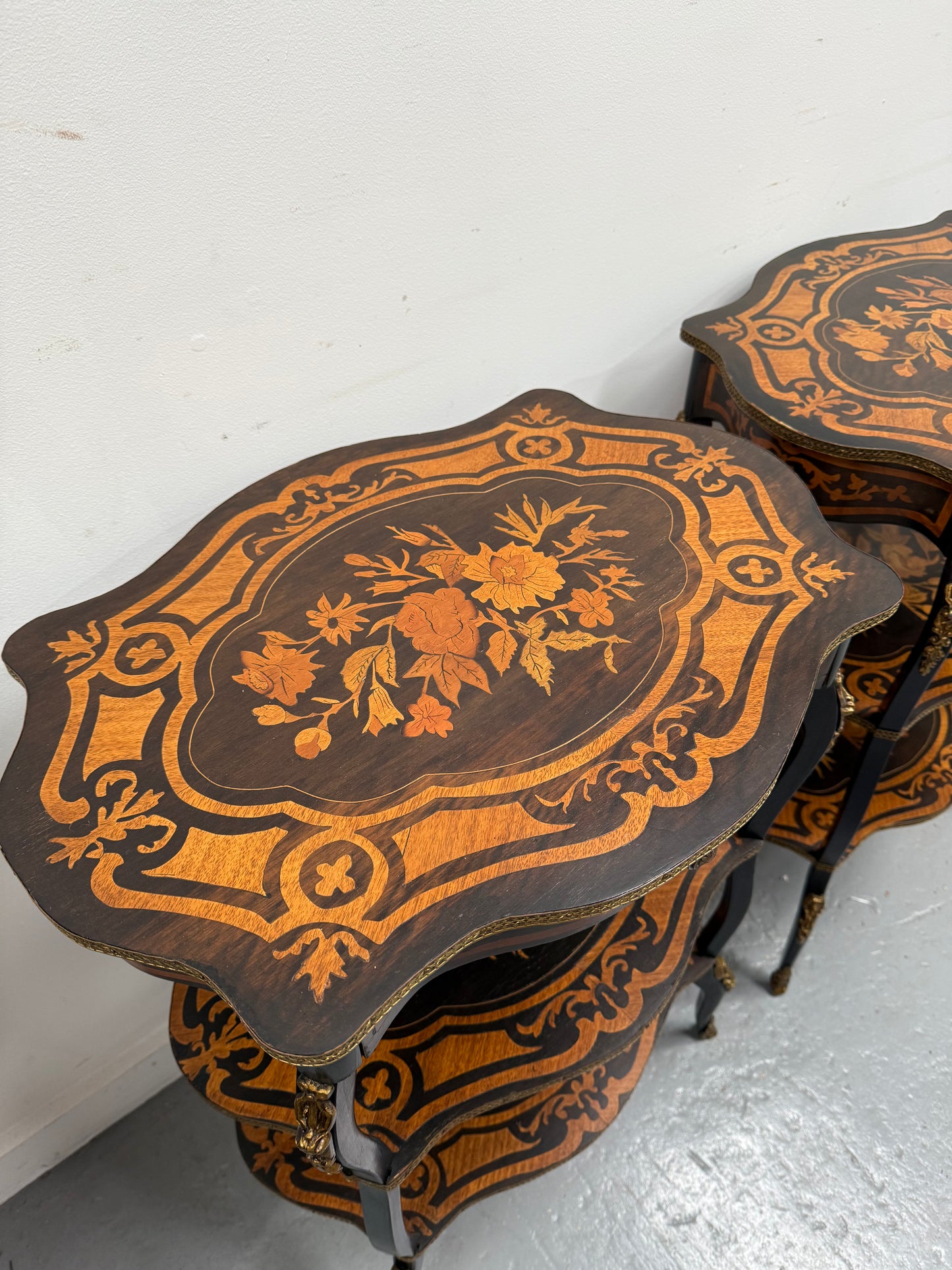 Pair of Late 19th Century Ebonised & Marquetry Three Tier Etageres