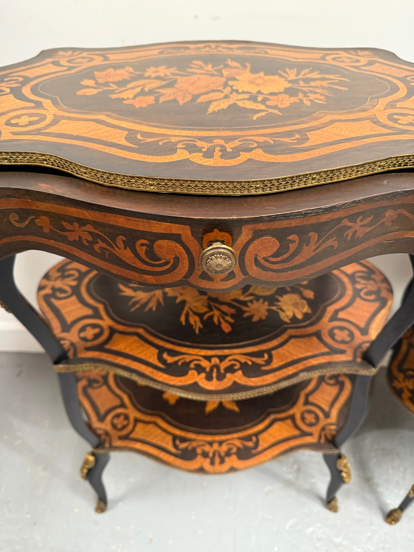 Pair of Late 19th Century Ebonised & Marquetry Three Tier Etageres