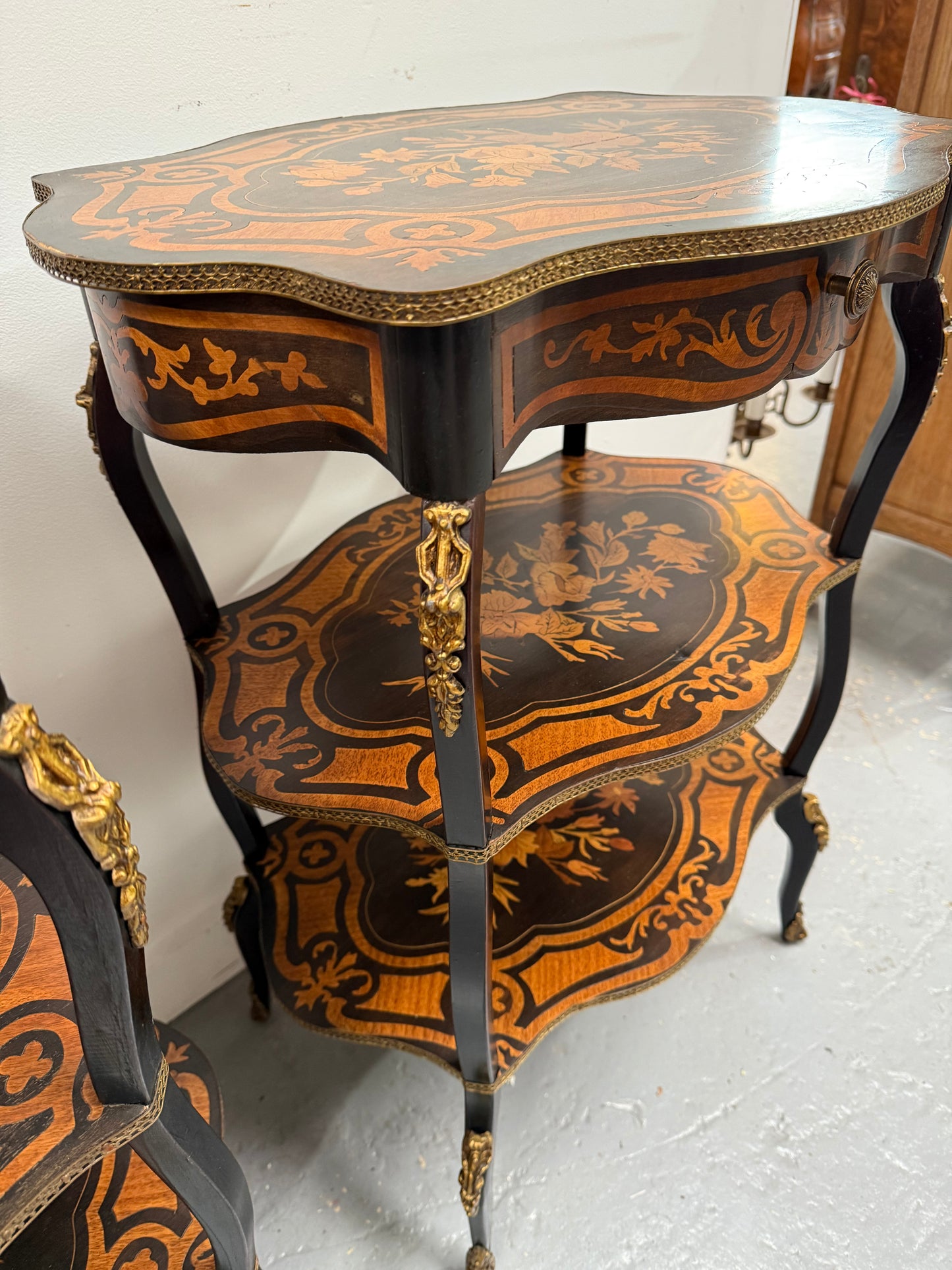Pair of Late 19th Century Ebonised & Marquetry Three Tier Etageres