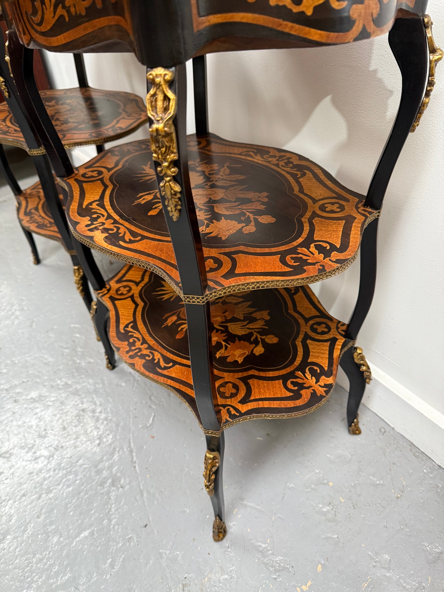 Pair of Late 19th Century Ebonised & Marquetry Three Tier Etageres