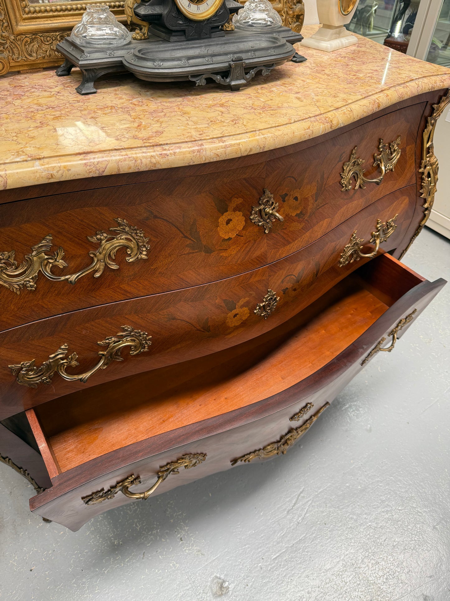 French Mid 20th Cent. Three Drawer Commode Marquetry Inlay.