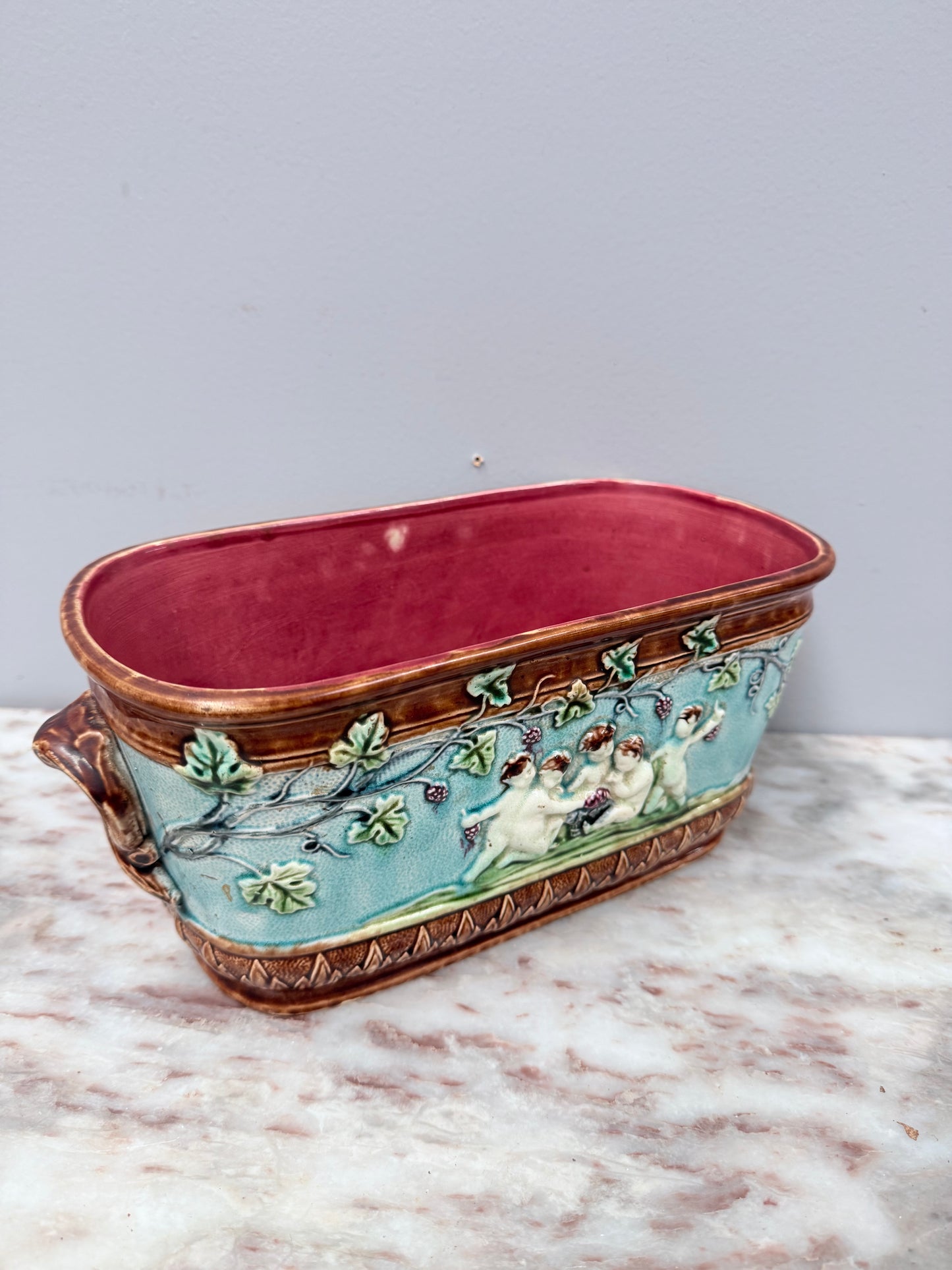 Antique French Majolica Oval Cachepot (Planter)