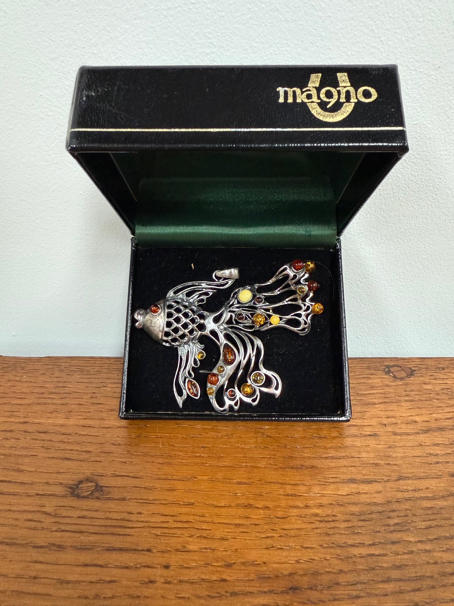 Unusual Sterling Silver & Amber Large Fish Pendant