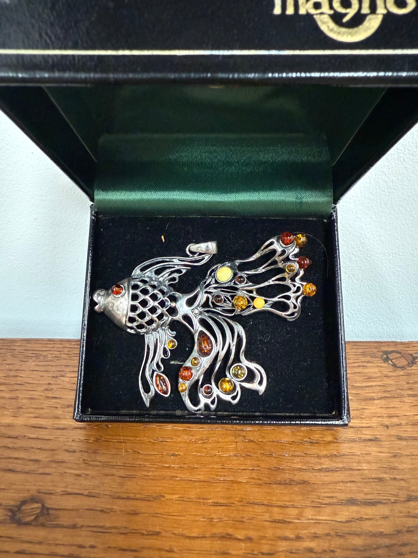 Unusual Sterling Silver & Amber Large Fish Pendant