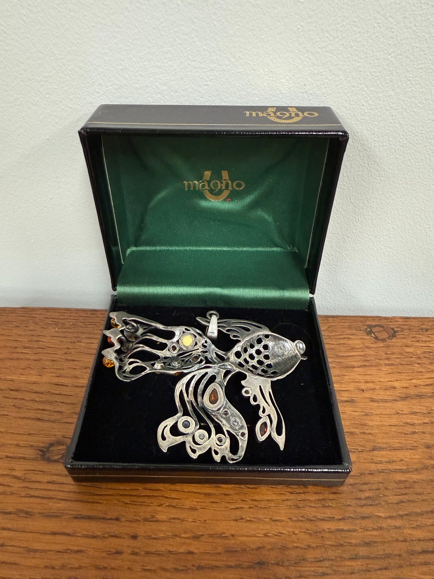 Unusual Sterling Silver & Amber Large Fish Pendant