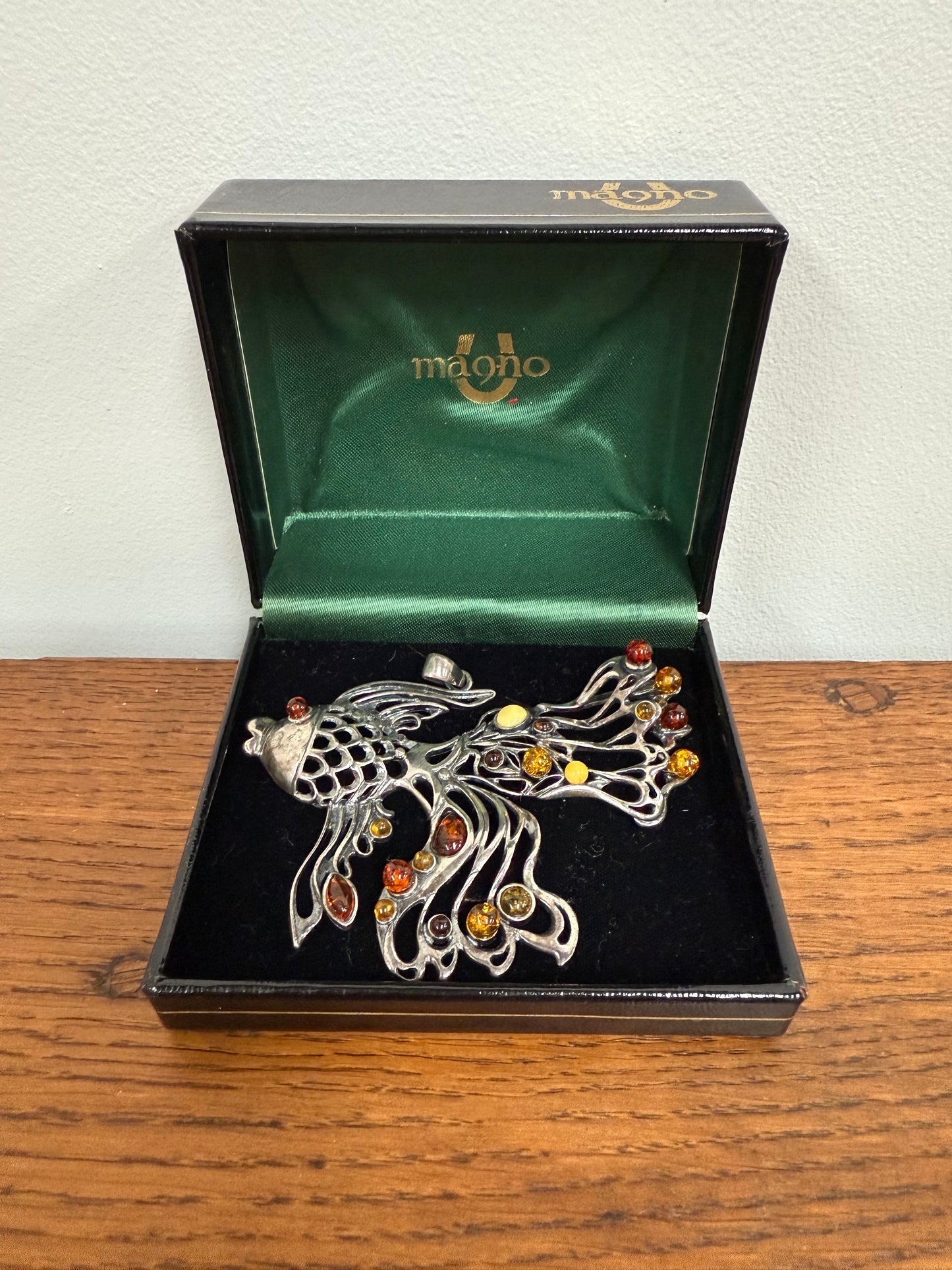 Unusual Sterling Silver & Amber Large Fish Pendant