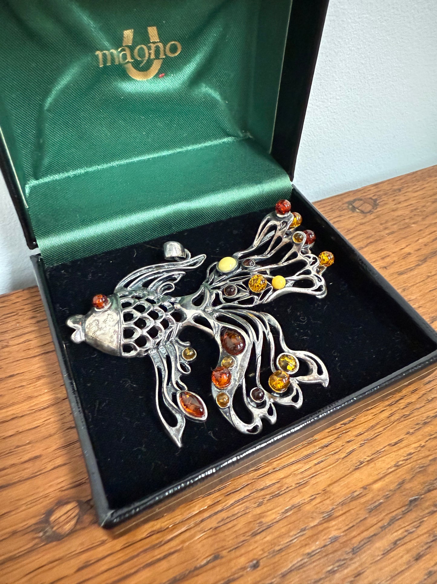 Unusual Sterling Silver & Amber Large Fish Pendant
