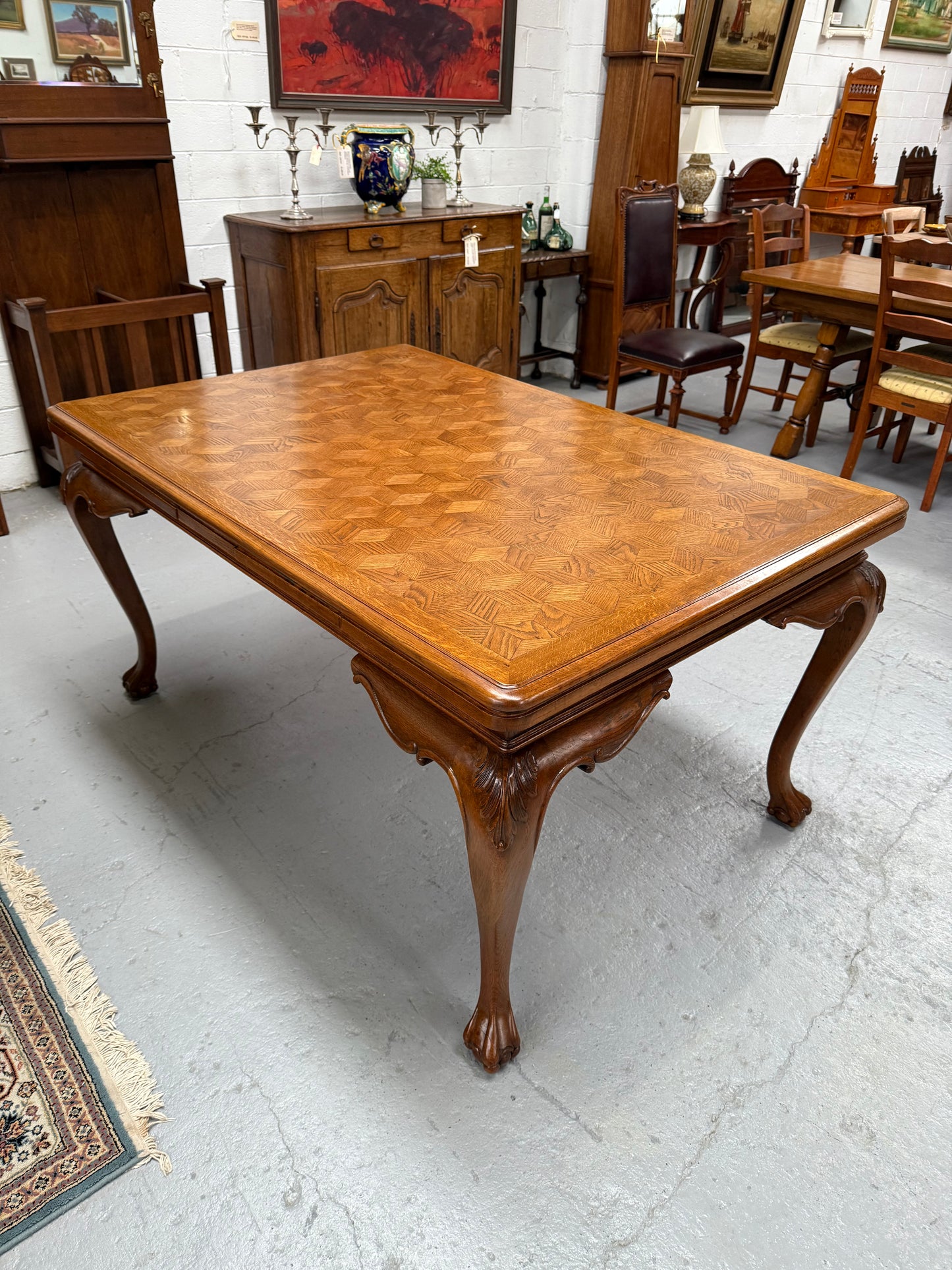 Beautiful French Parquetry Top Extension Table With Ball & Claw Feet