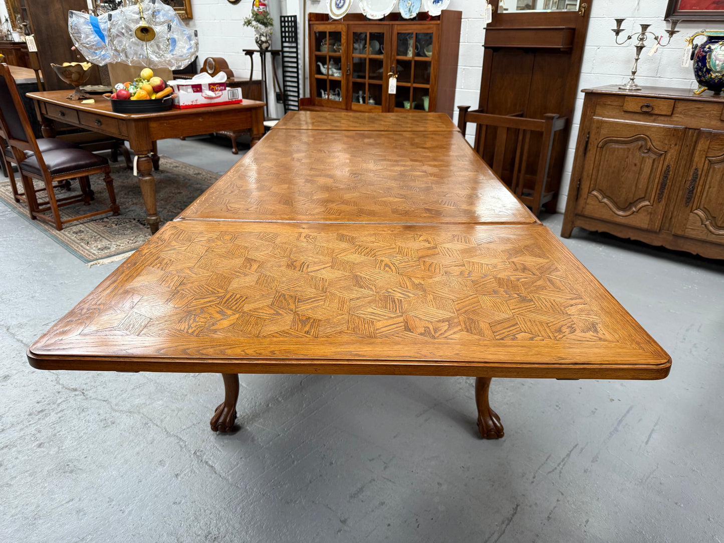 Beautiful French Parquetry Top Extension Table With Ball & Claw Feet