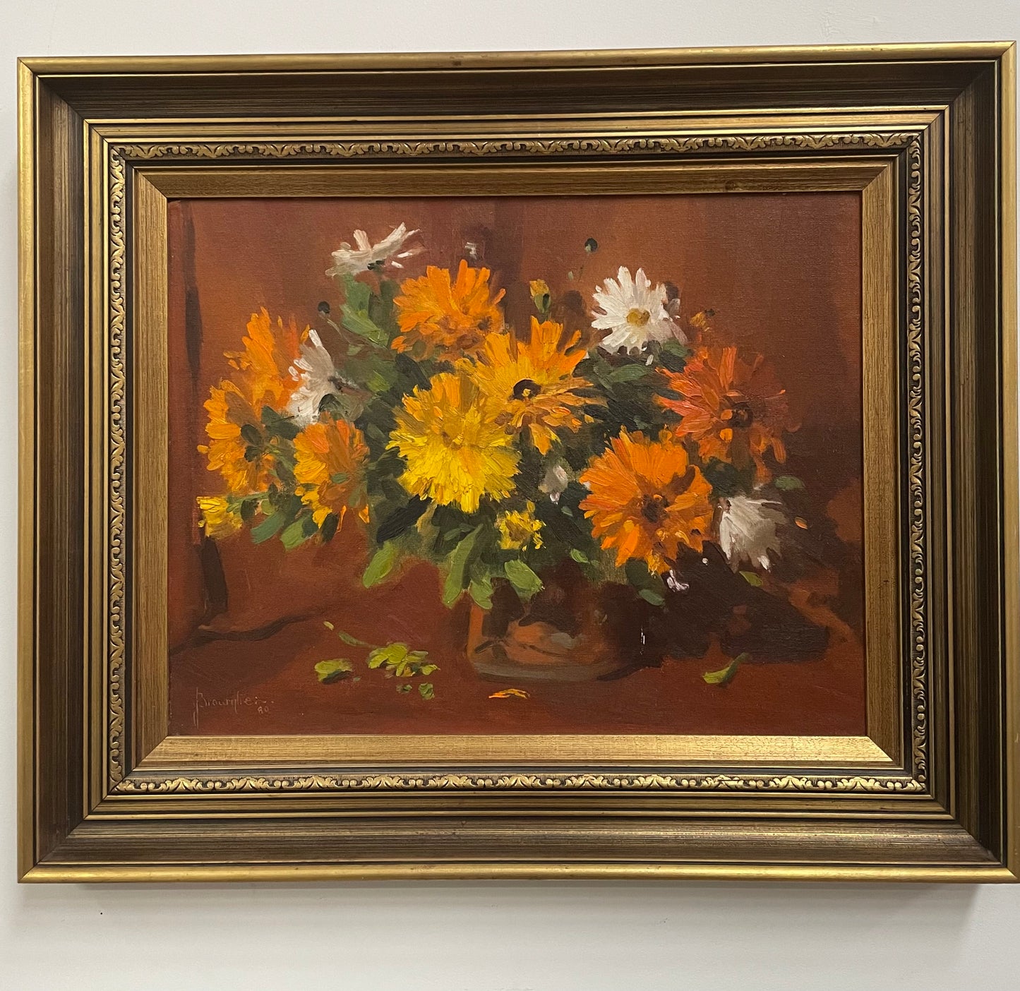Beautiful Framed Mid Century Daisies Floral Painting