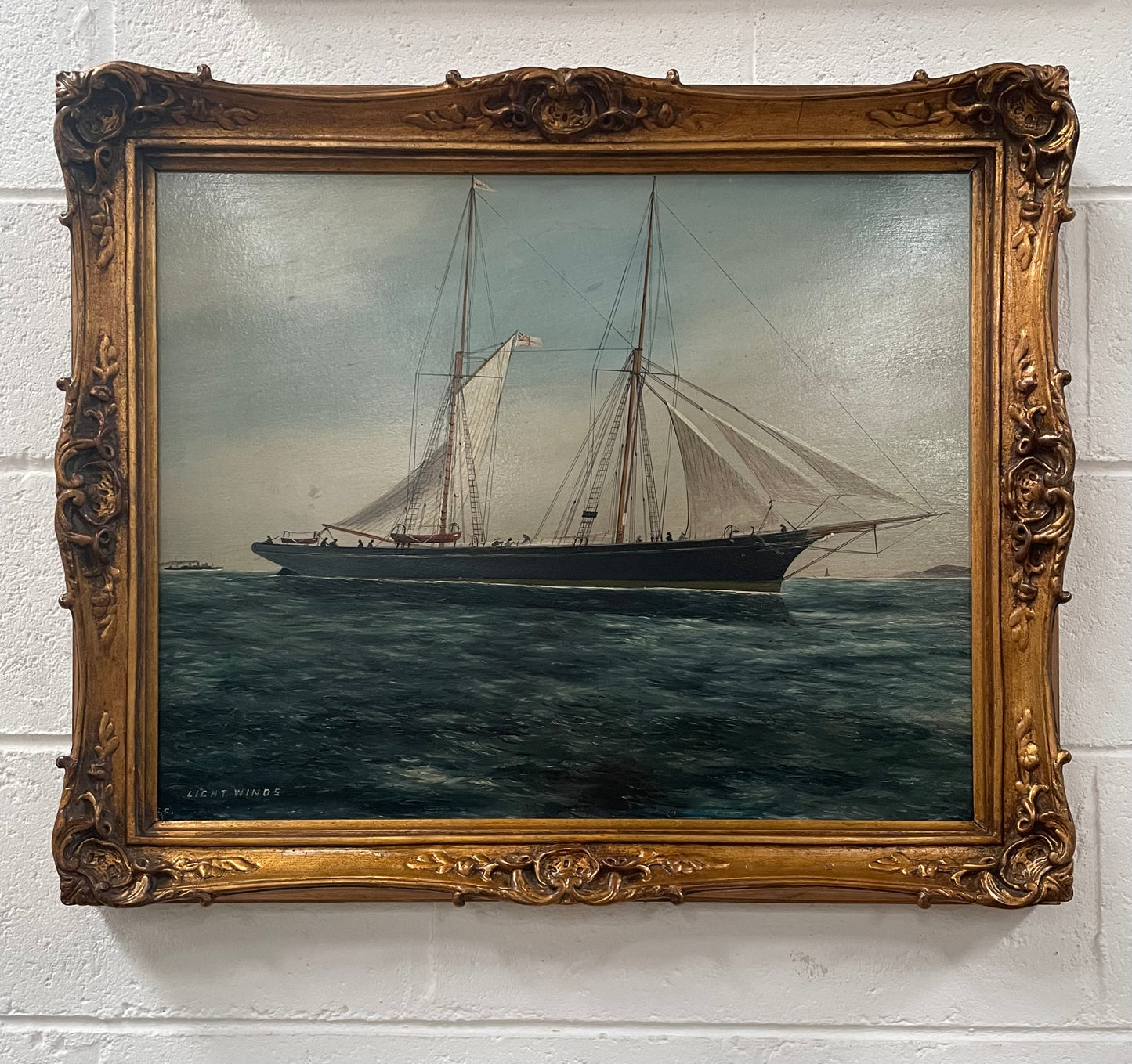 Fabulous Antique 19th Century Oil on Board Ship Painting "Light Winds"