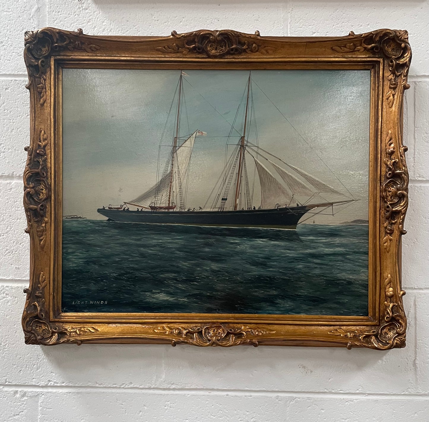 Fabulous Antique 19th Century Oil on Board Ship Painting "Light Winds"