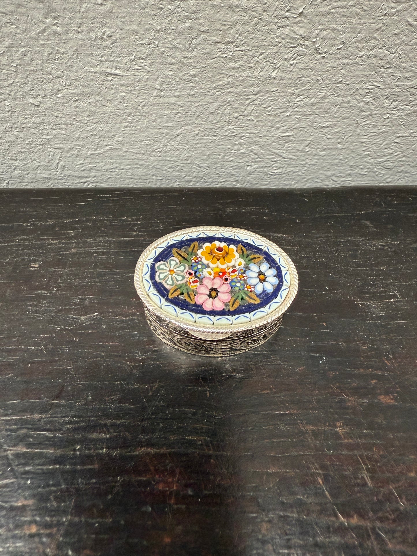 Vintage Italian Silver Metal & Fine Micro Mosaic Pill Box