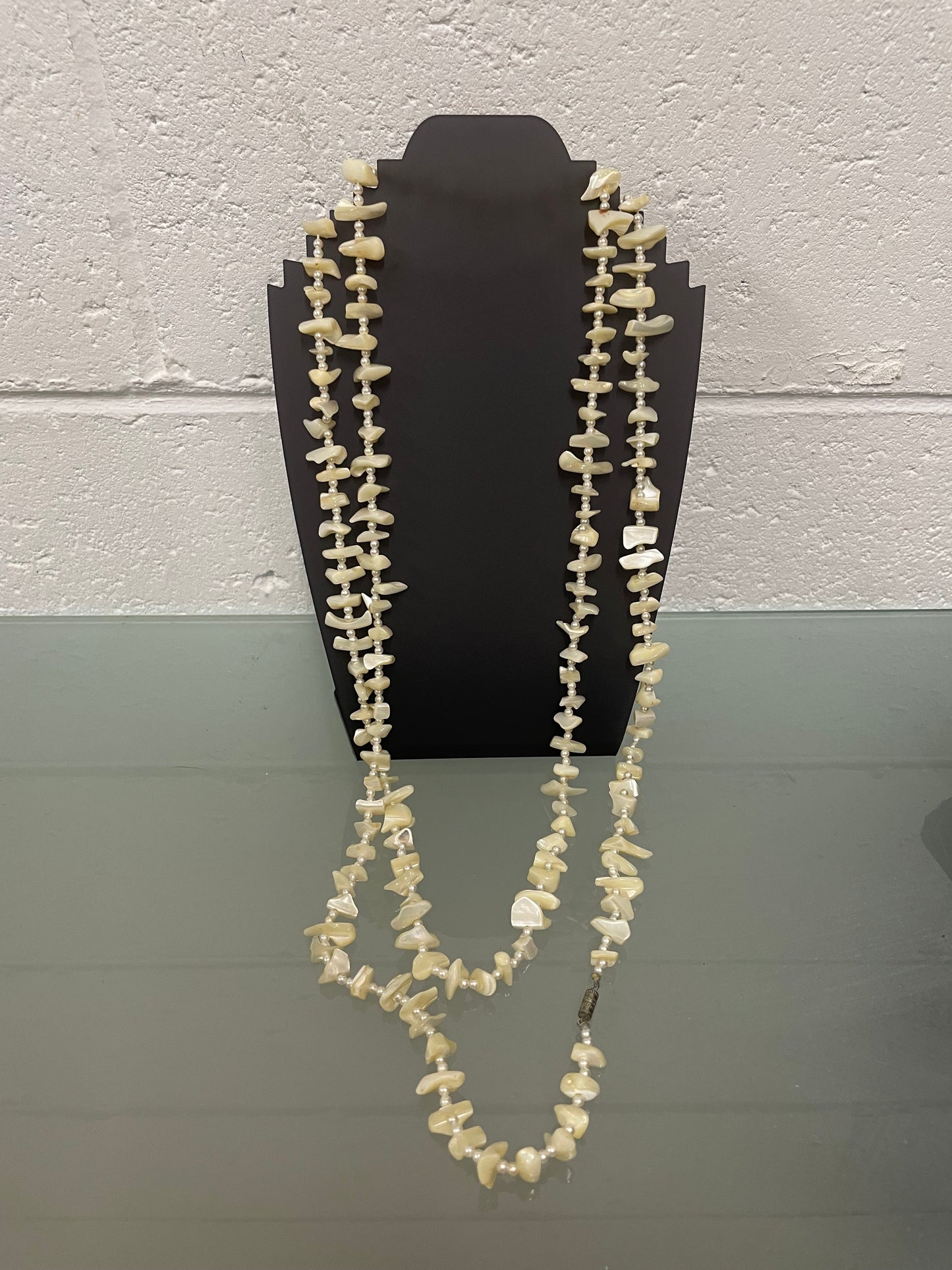 Vintage Opera Length Mother Of Pearl & Seed Pearl Necklace