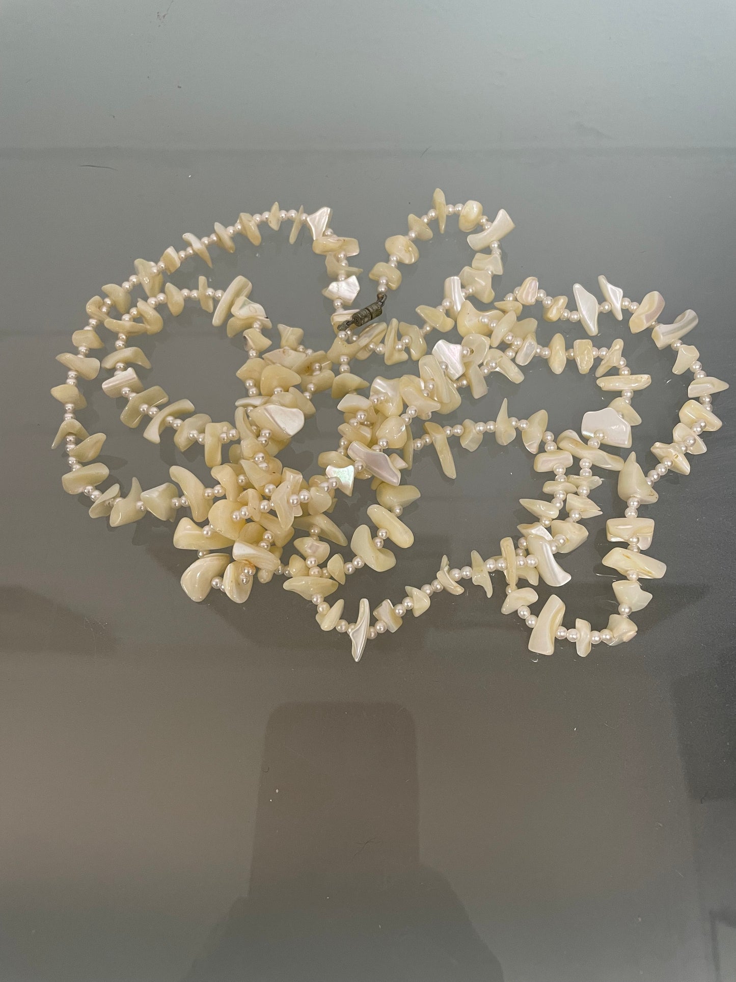 Vintage Opera Length Mother Of Pearl & Seed Pearl Necklace