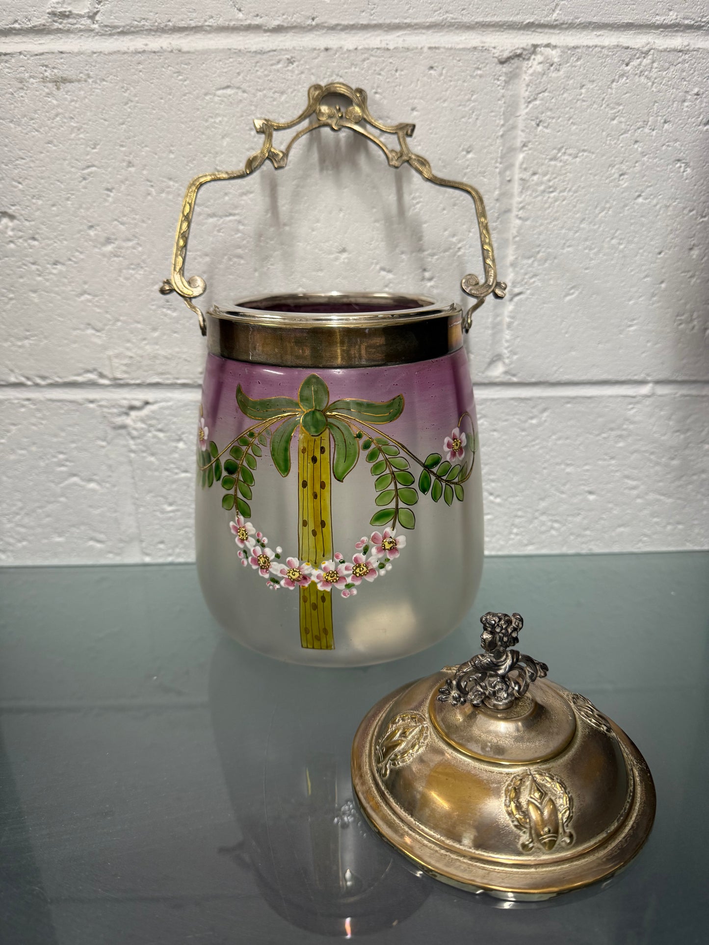 Victorian Glass & Painted Biscuit Barrel