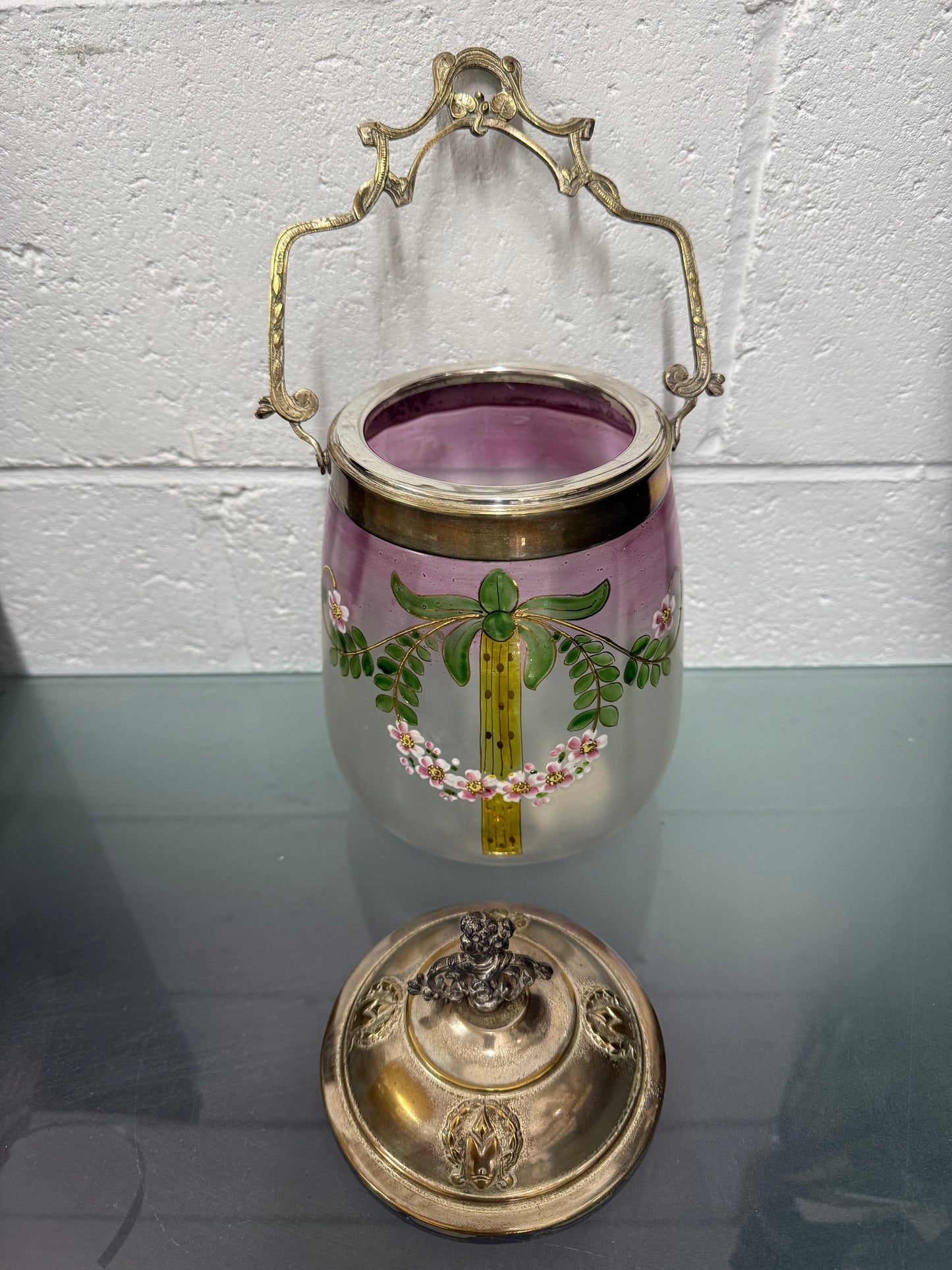 Victorian Glass & Painted Biscuit Barrel