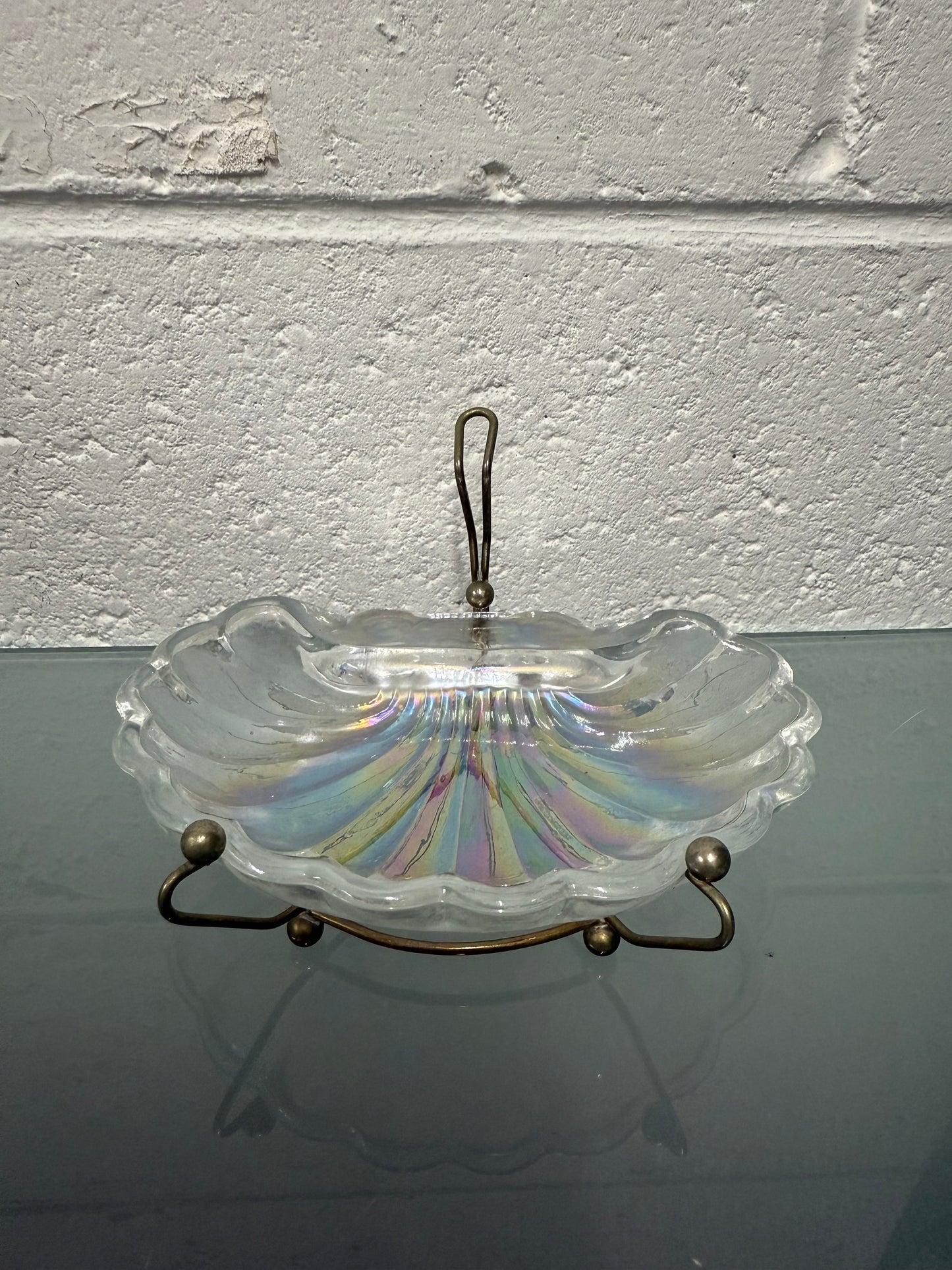 Vintage Iridescent Glass Shell Tray On Stand