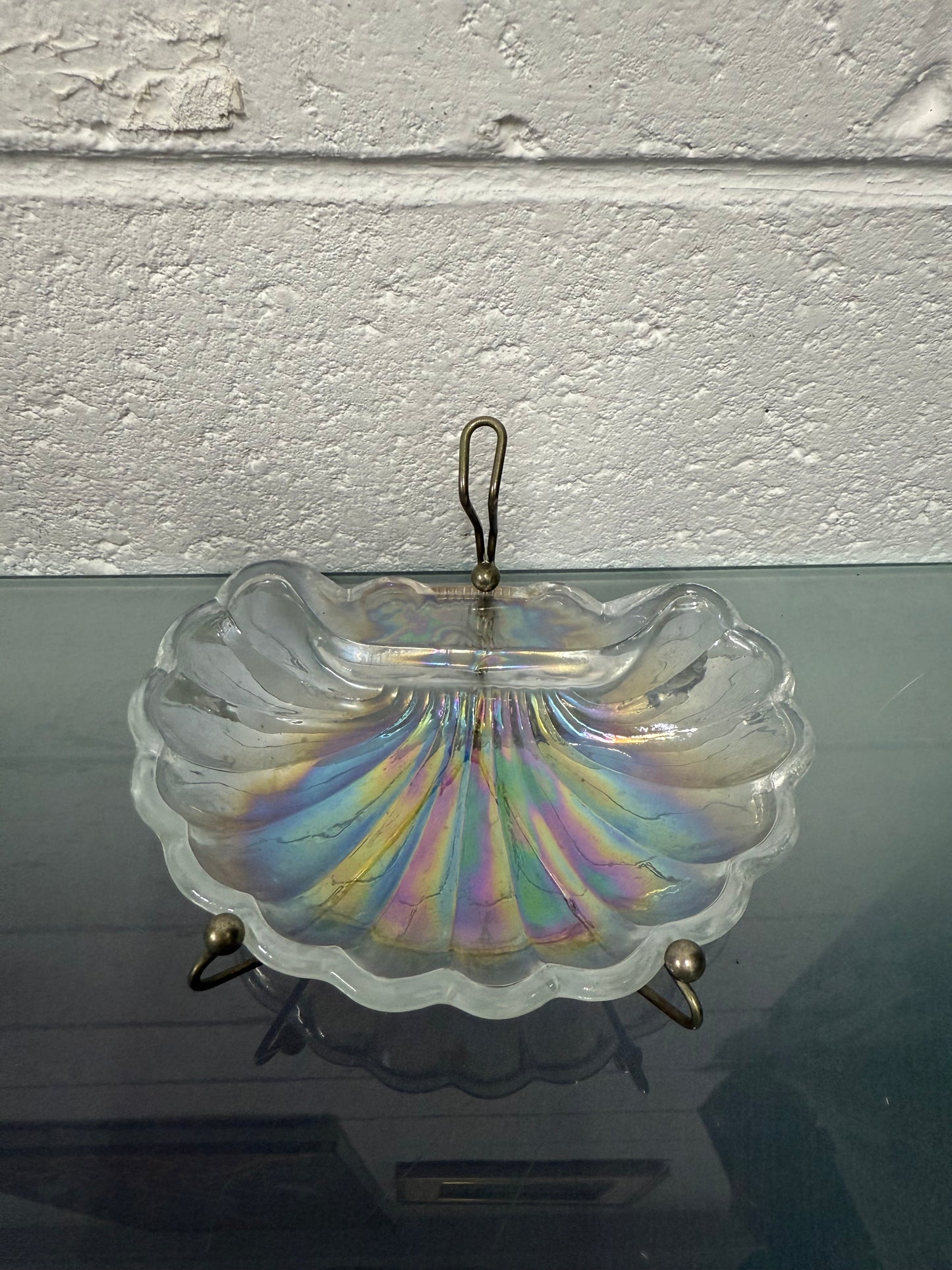 Vintage Iridescent Glass Shell Tray On Stand