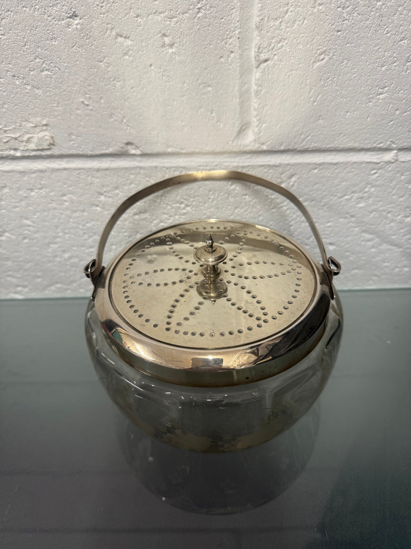 Antique Vitcorian Etched Glass Bowl & Pierced Silver Plated Lid