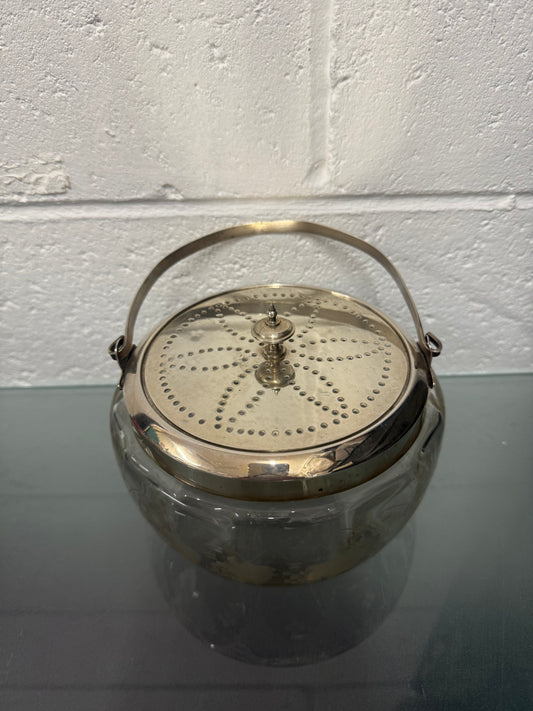 Antique Vitcorian Etched Glass Bowl & Pierced Silver Plated Lid