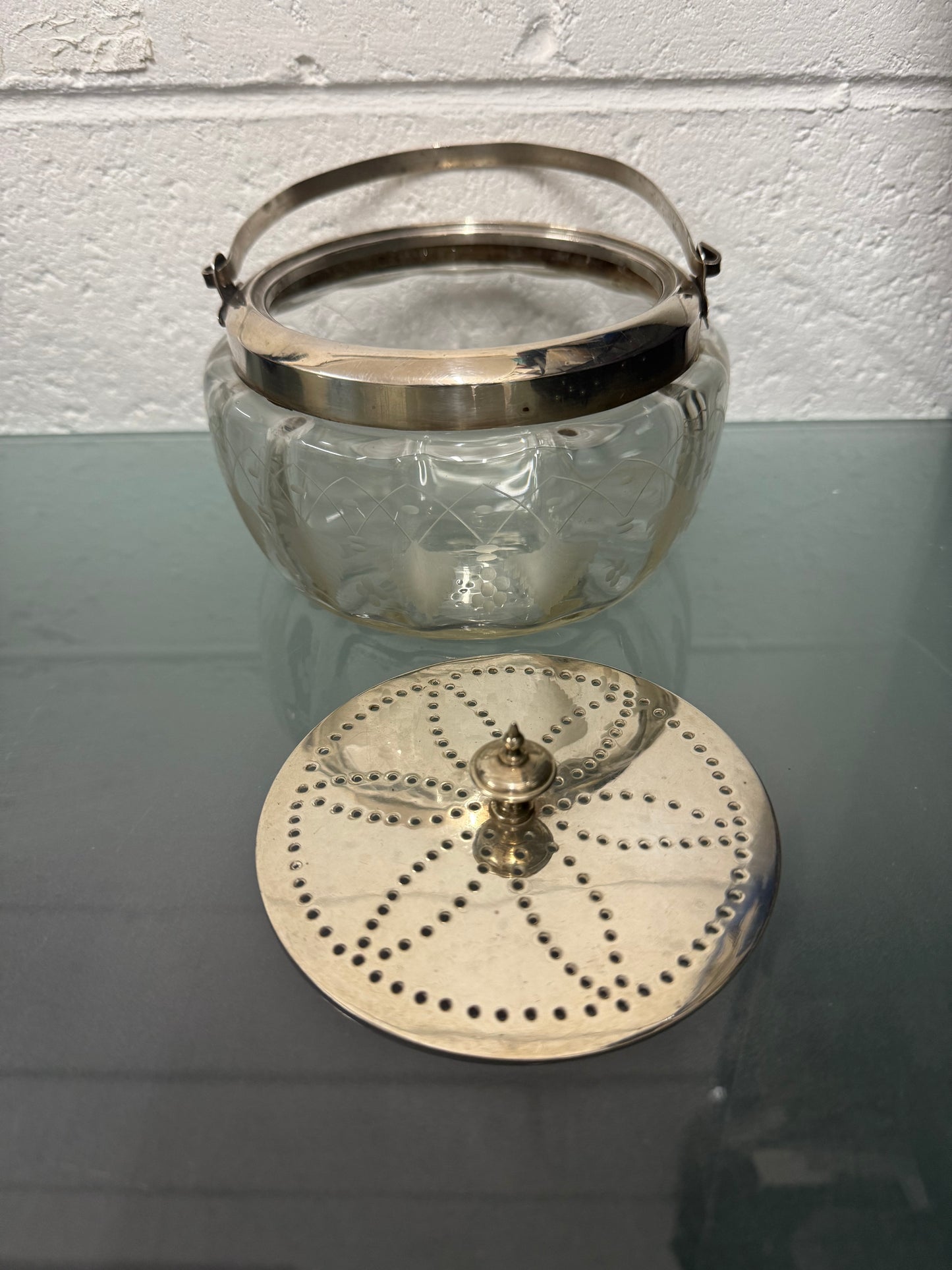Antique Vitcorian Etched Glass Bowl & Pierced Silver Plated Lid