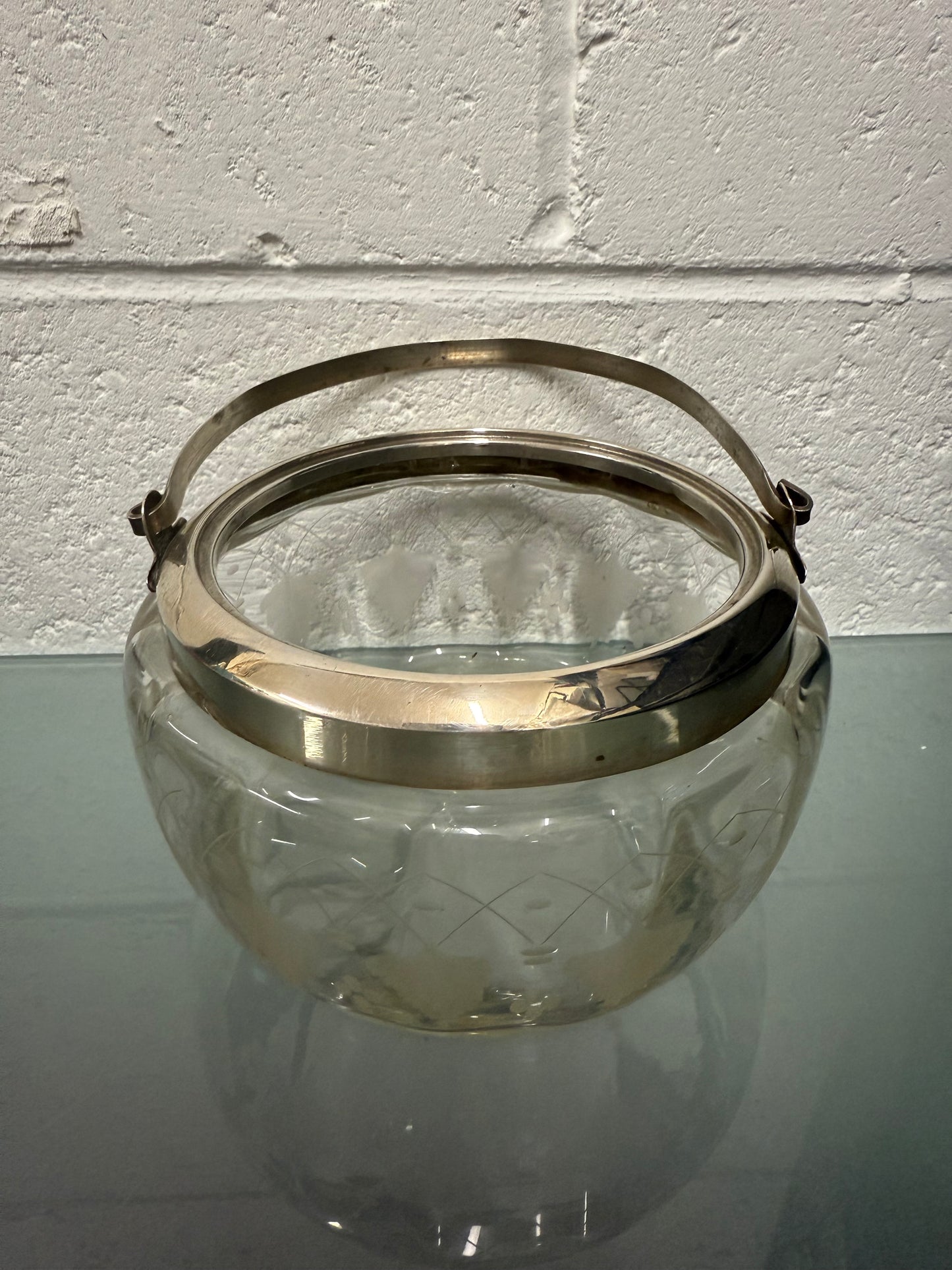 Antique Vitcorian Etched Glass Bowl & Pierced Silver Plated Lid