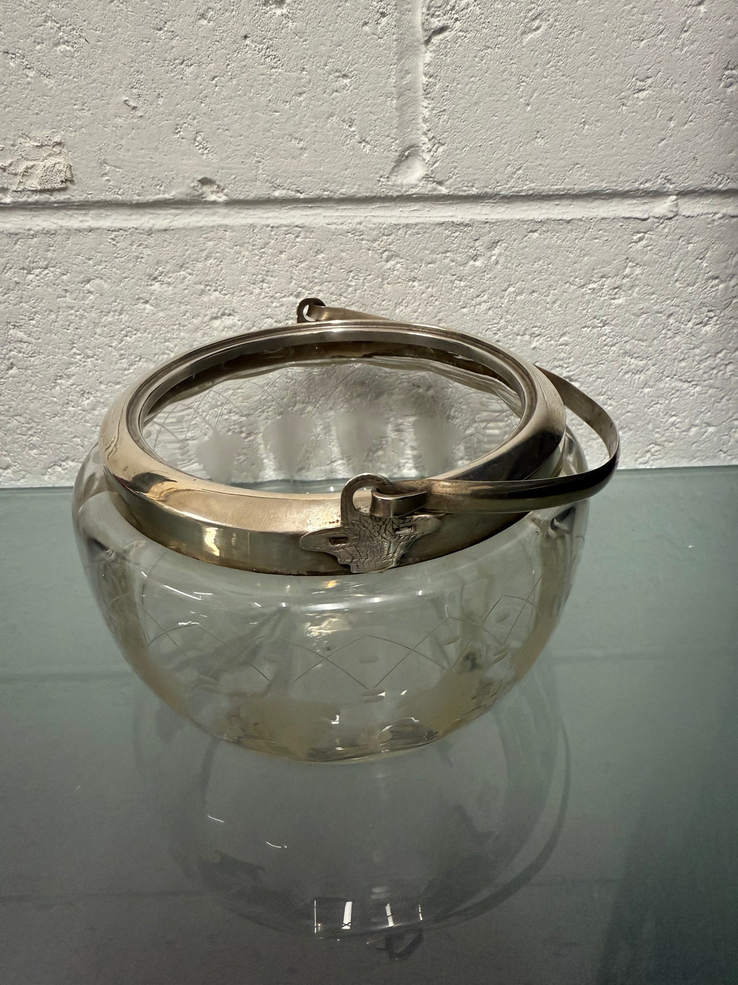 Antique Vitcorian Etched Glass Bowl & Pierced Silver Plated Lid