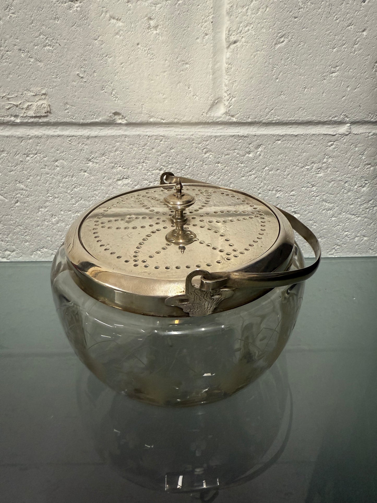 Antique Vitcorian Etched Glass Bowl & Pierced Silver Plated Lid