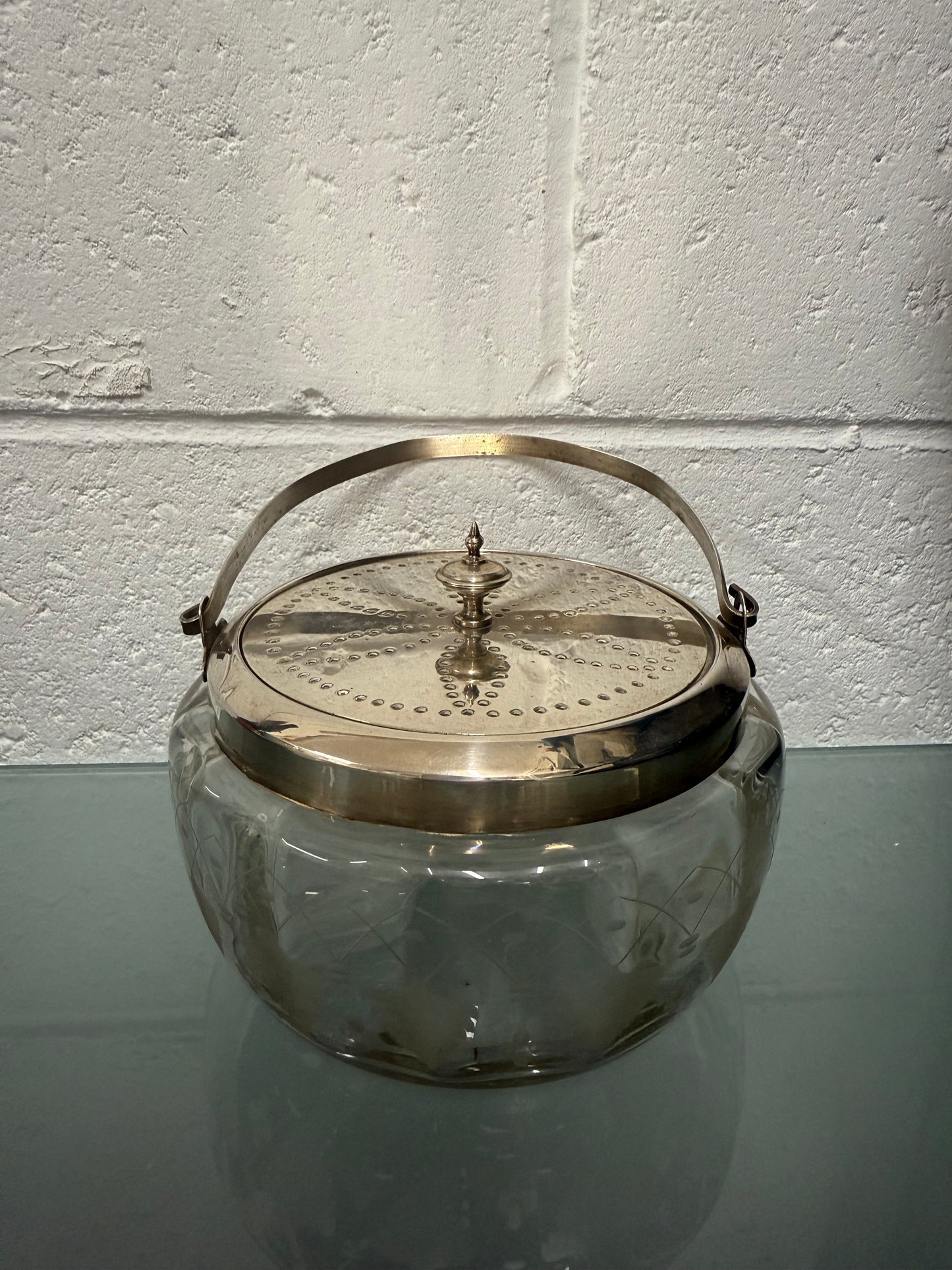 Antique Vitcorian Etched Glass Bowl & Pierced Silver Plated Lid