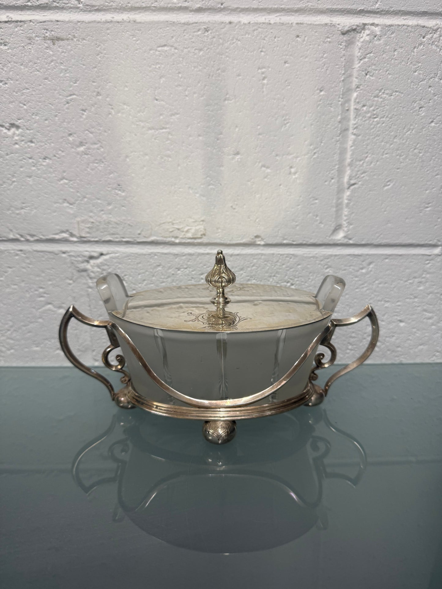Edwardian Silver Plate & Frosted Glass Dish Designed by Christopher Dresser