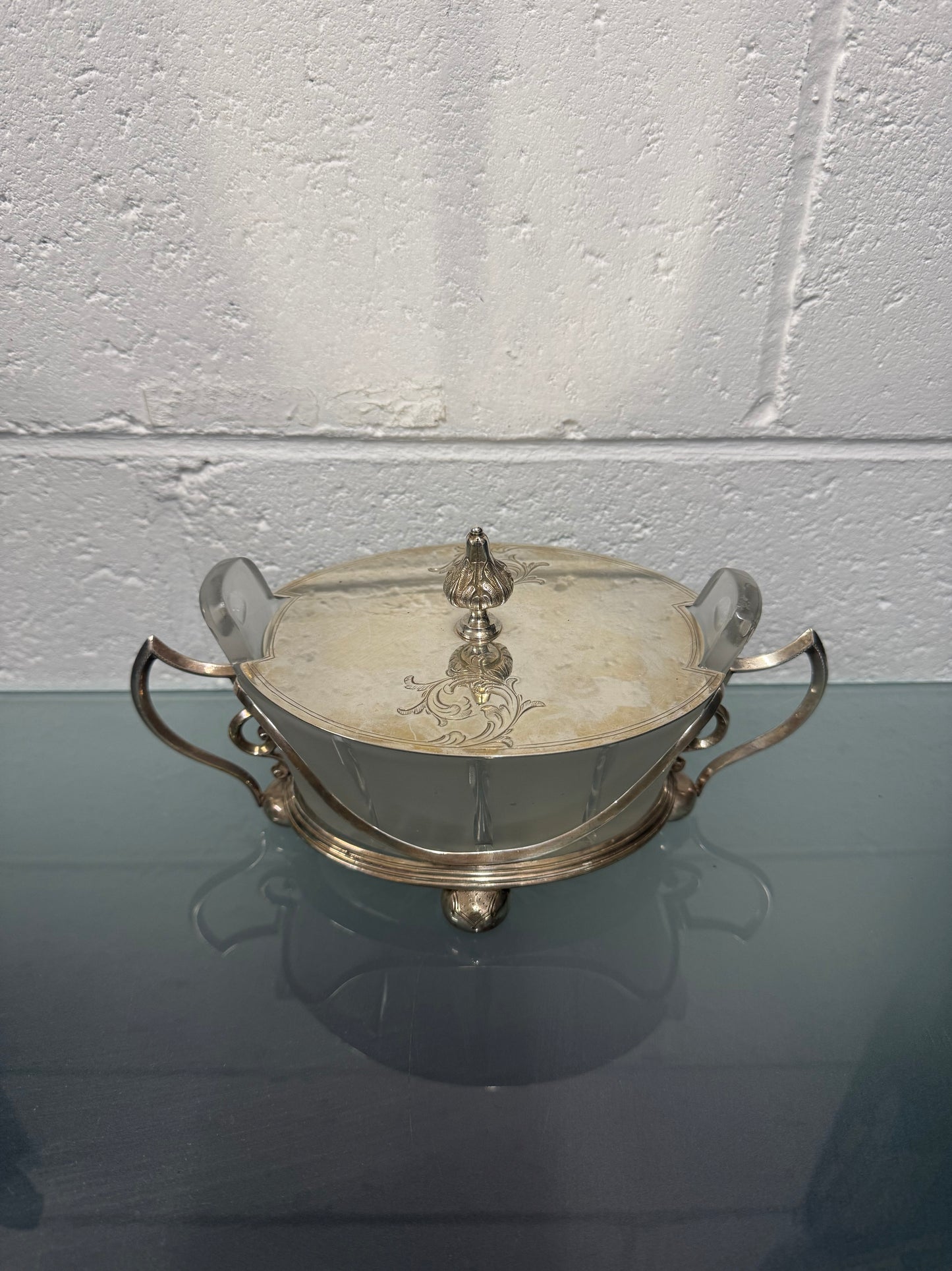 Edwardian Silver Plate & Frosted Glass Dish Designed by Christopher Dresser