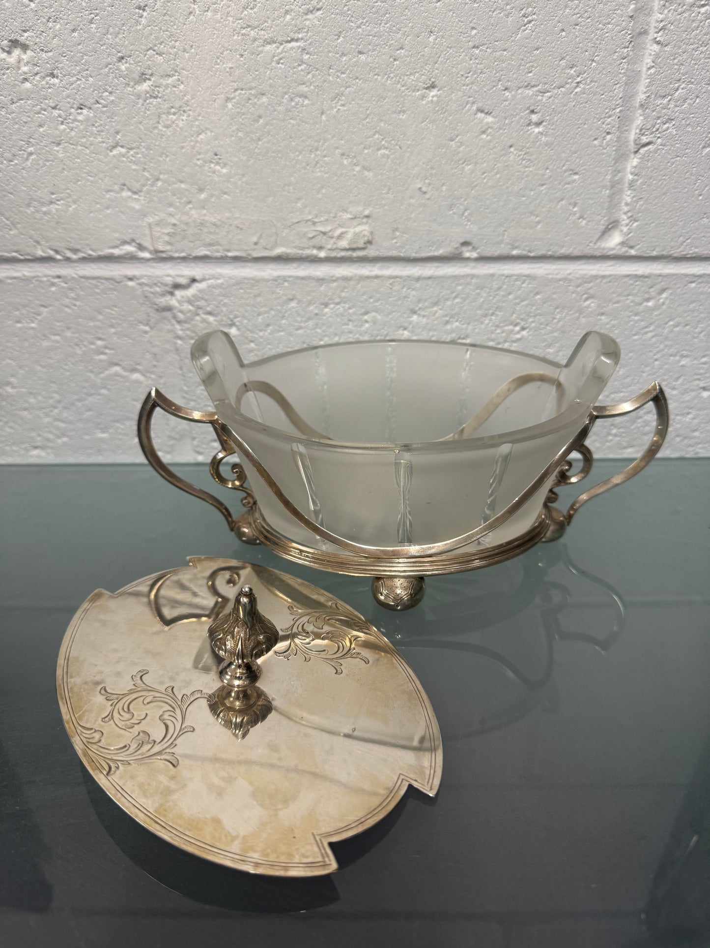Edwardian Silver Plate & Frosted Glass Dish Designed by Christopher Dresser