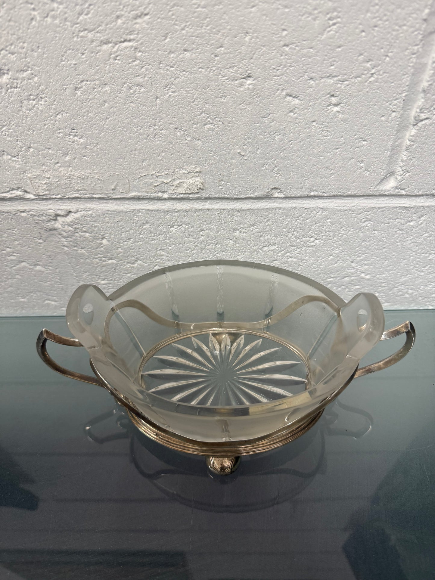 Edwardian Silver Plate & Frosted Glass Dish Designed by Christopher Dresser