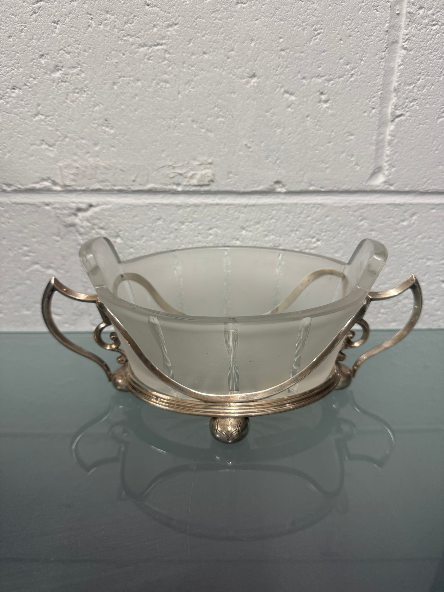 Edwardian Silver Plate & Frosted Glass Dish Designed by Christopher Dresser