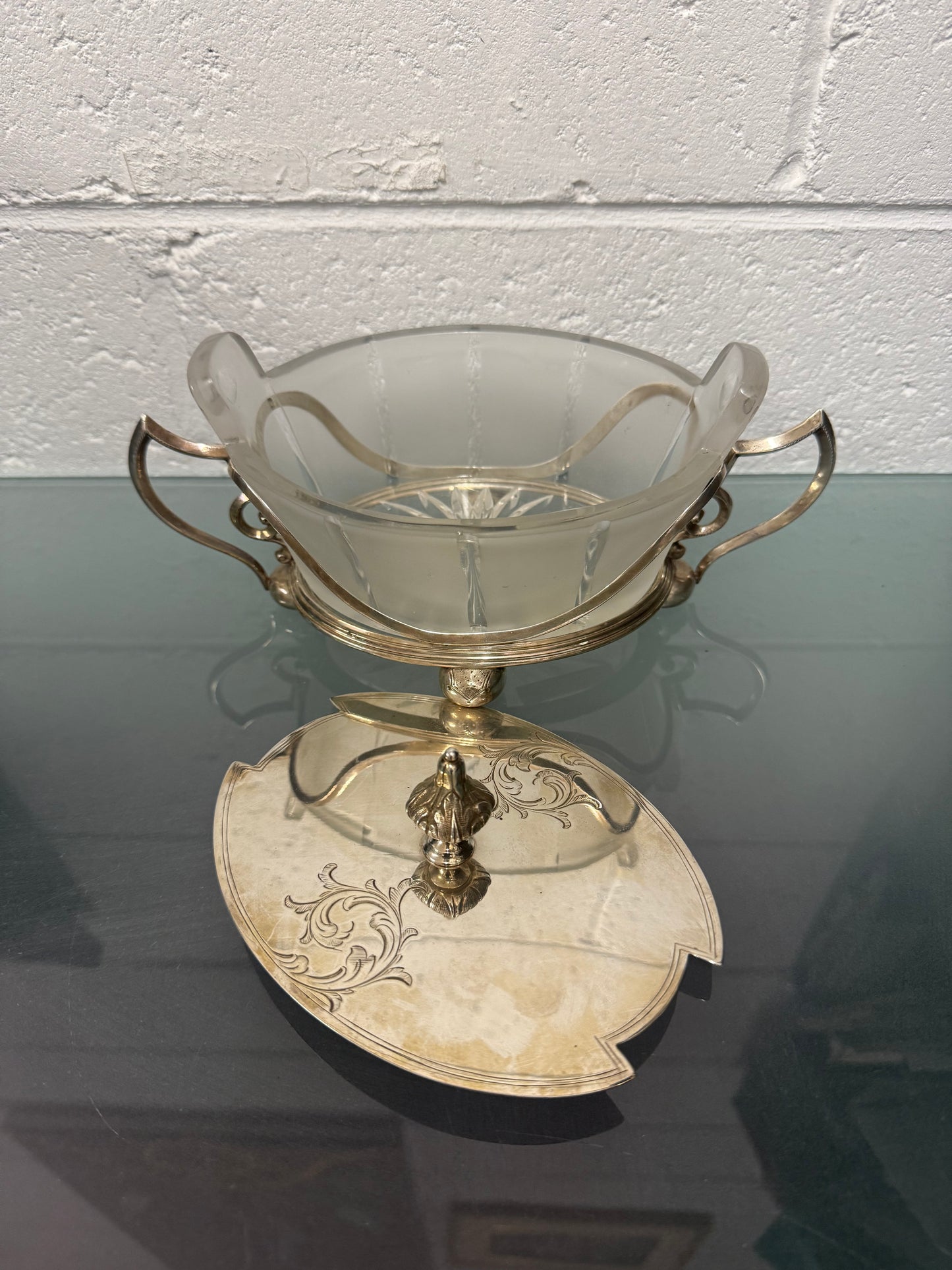Edwardian Silver Plate & Frosted Glass Dish Designed by Christopher Dresser