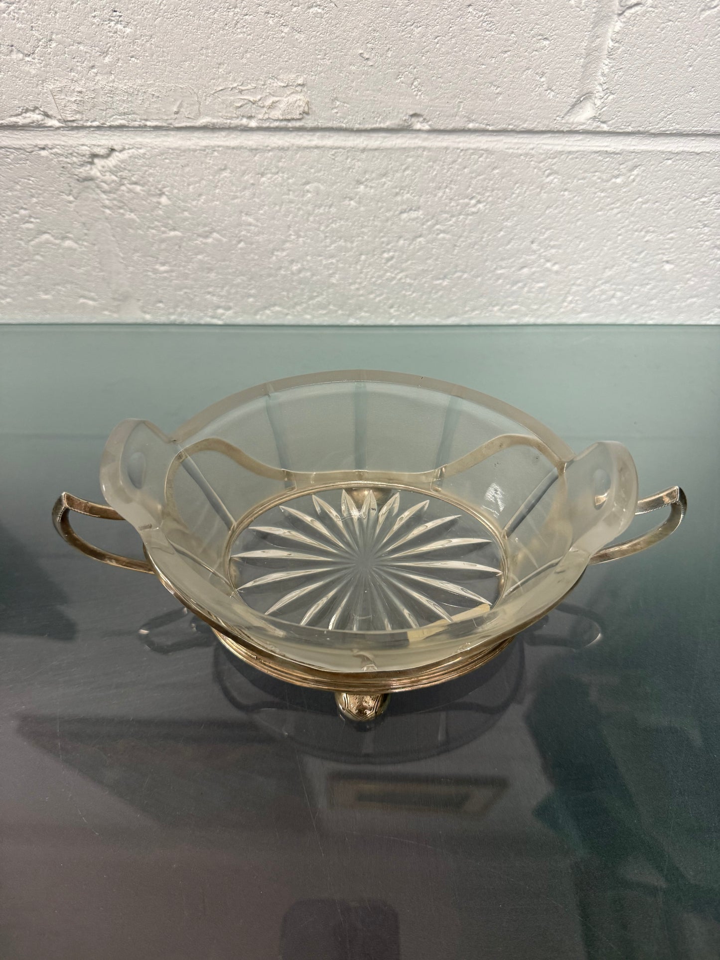 Edwardian Silver Plate & Frosted Glass Dish Designed by Christopher Dresser