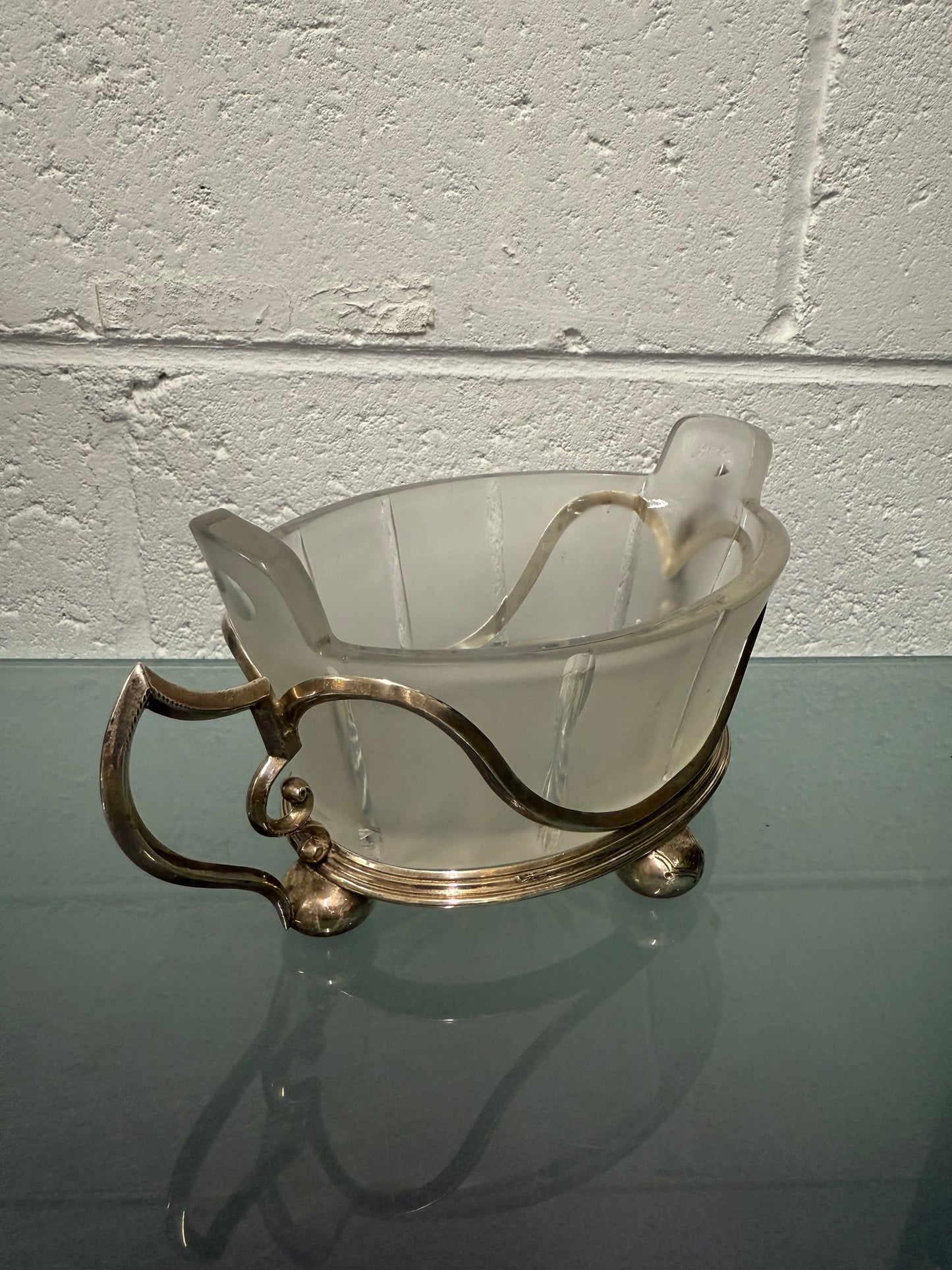 Edwardian Silver Plate & Frosted Glass Dish Designed by Christopher Dresser