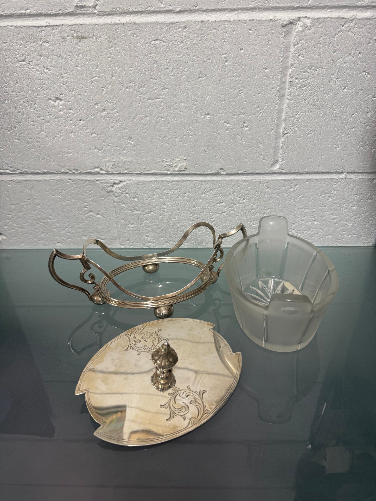 Edwardian Silver Plate & Frosted Glass Dish Designed by Christopher Dresser