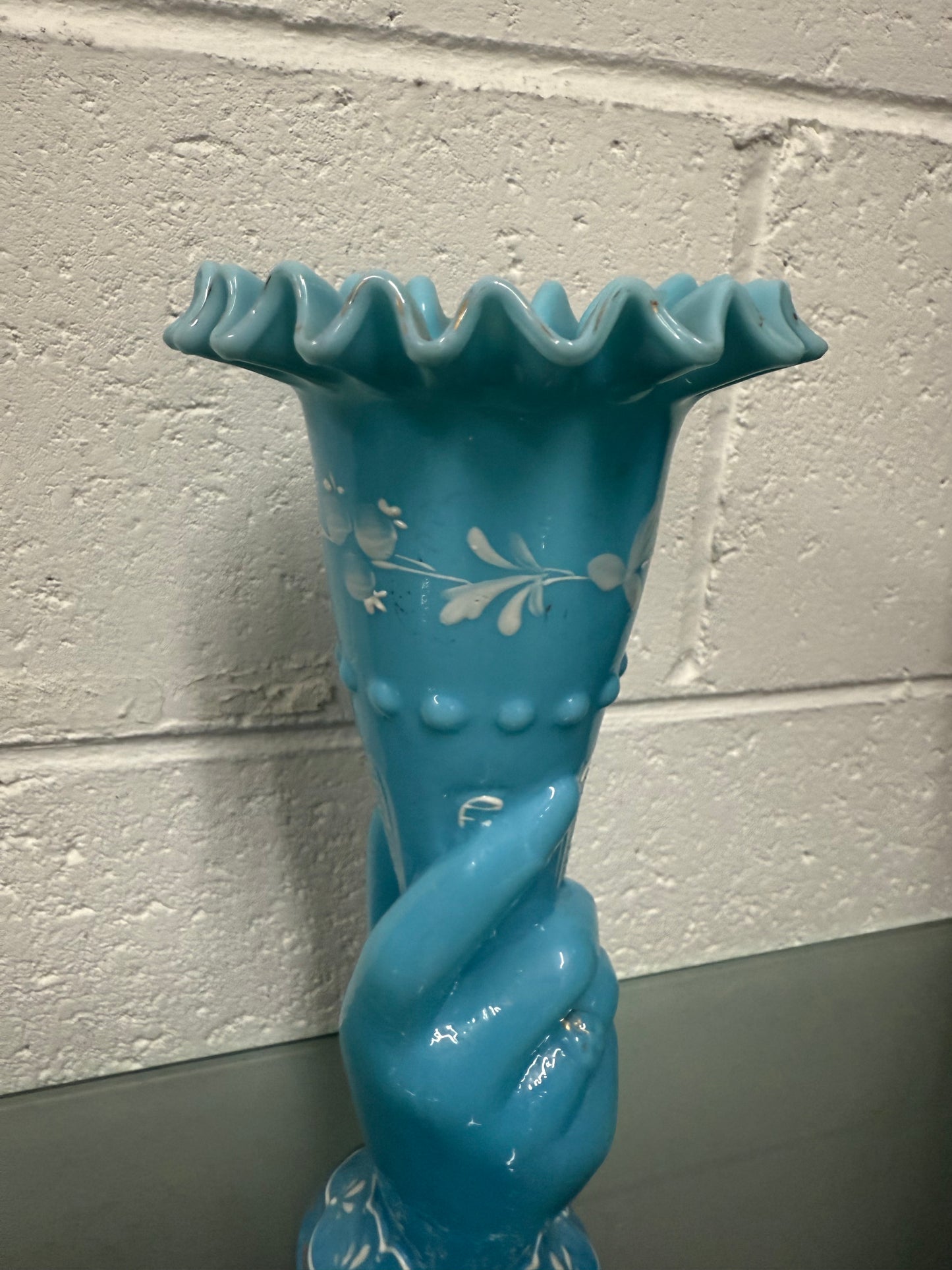 Victorian Opaline Hand Painted Enamel Hand Vase