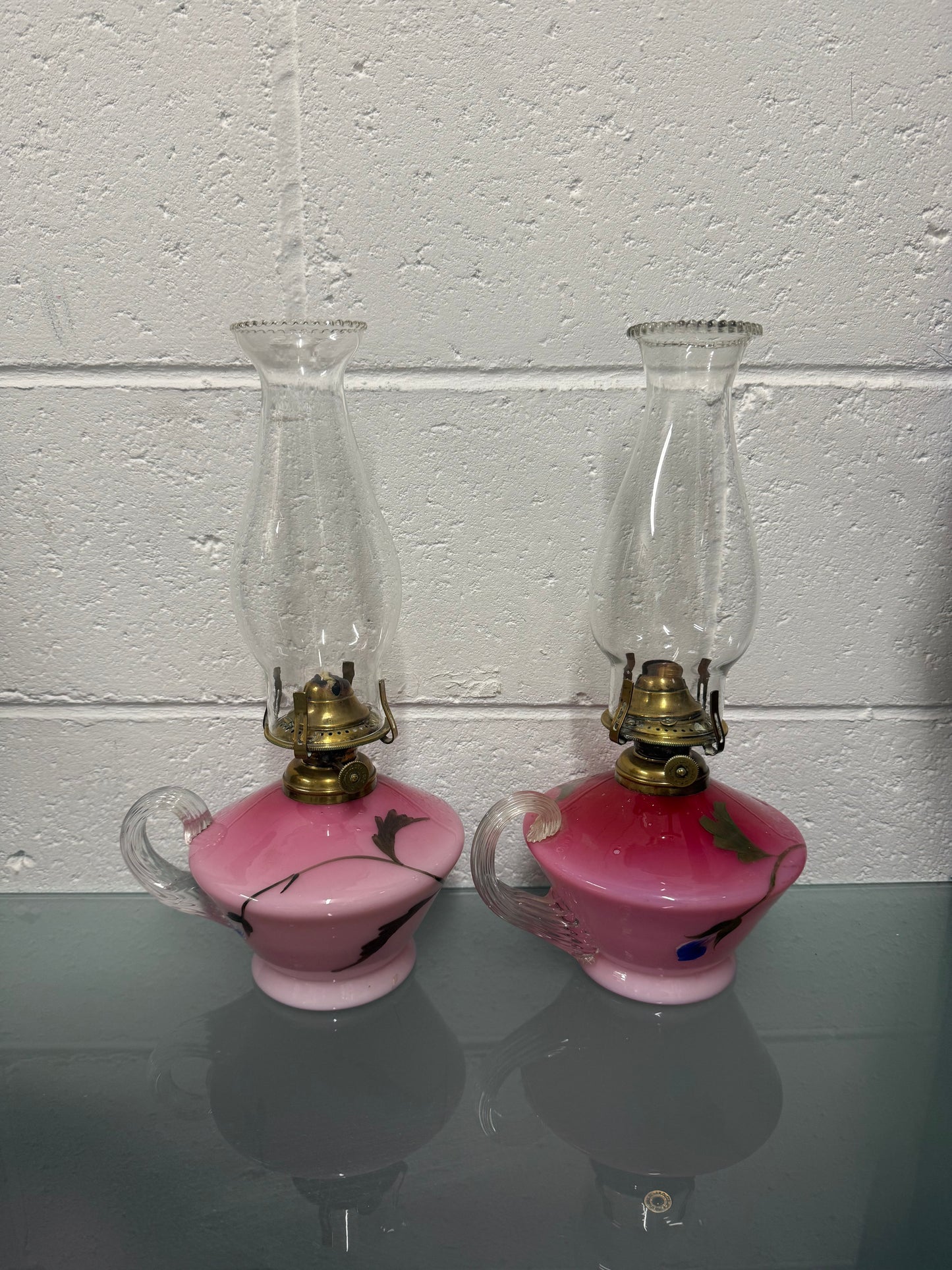 Rare Pair of Satin Ruby Glass Finger Lamps