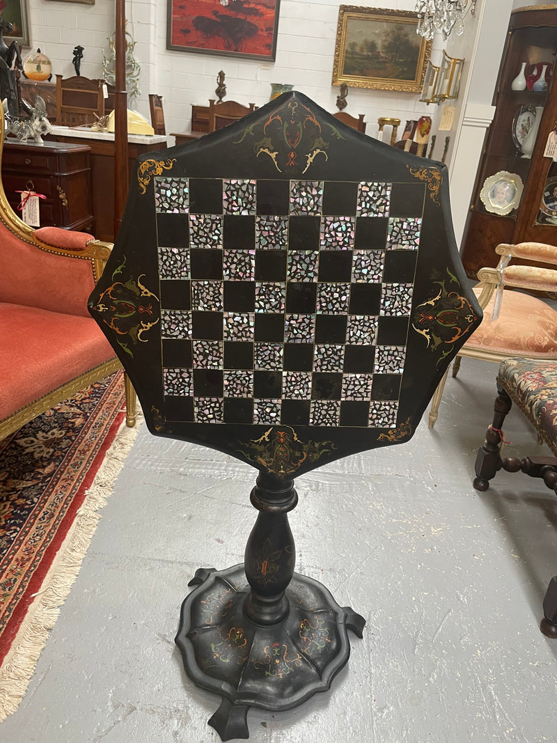Fabulous William IV Papier Mache and Mother of Pearl tilt-top work table with lovely details. In good original condition. Please see photos as they form part of the description.