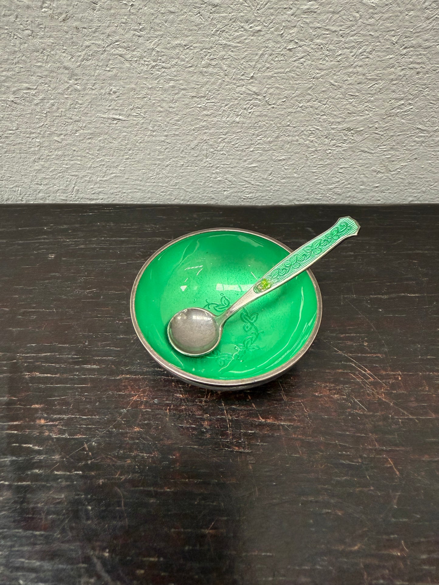 Danish Silver & Enamel Salt Cellar & Spoon