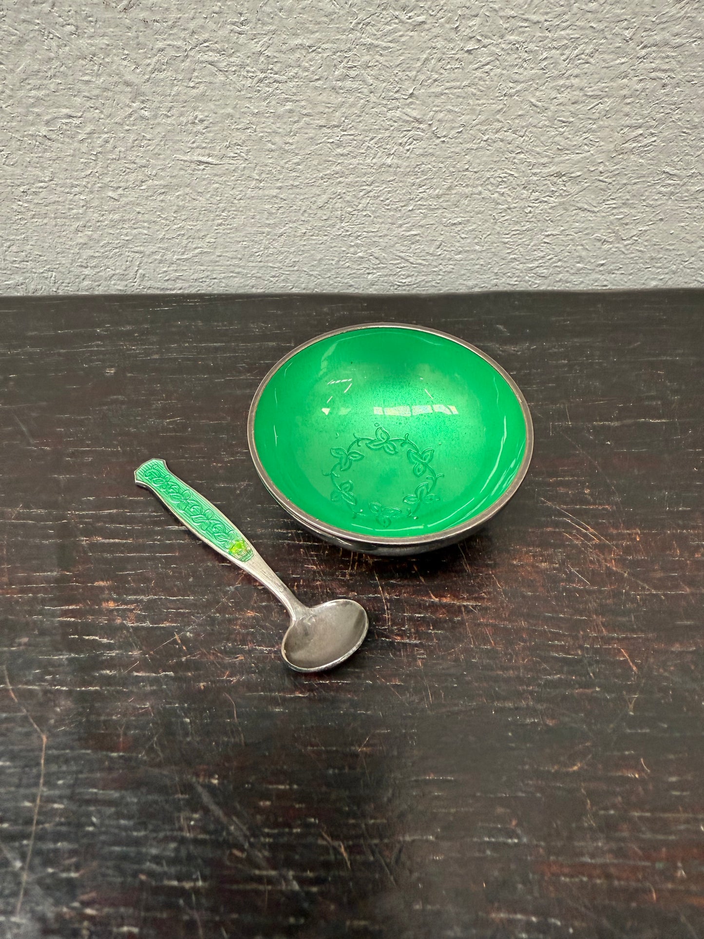 Danish Silver & Enamel Salt Cellar & Spoon