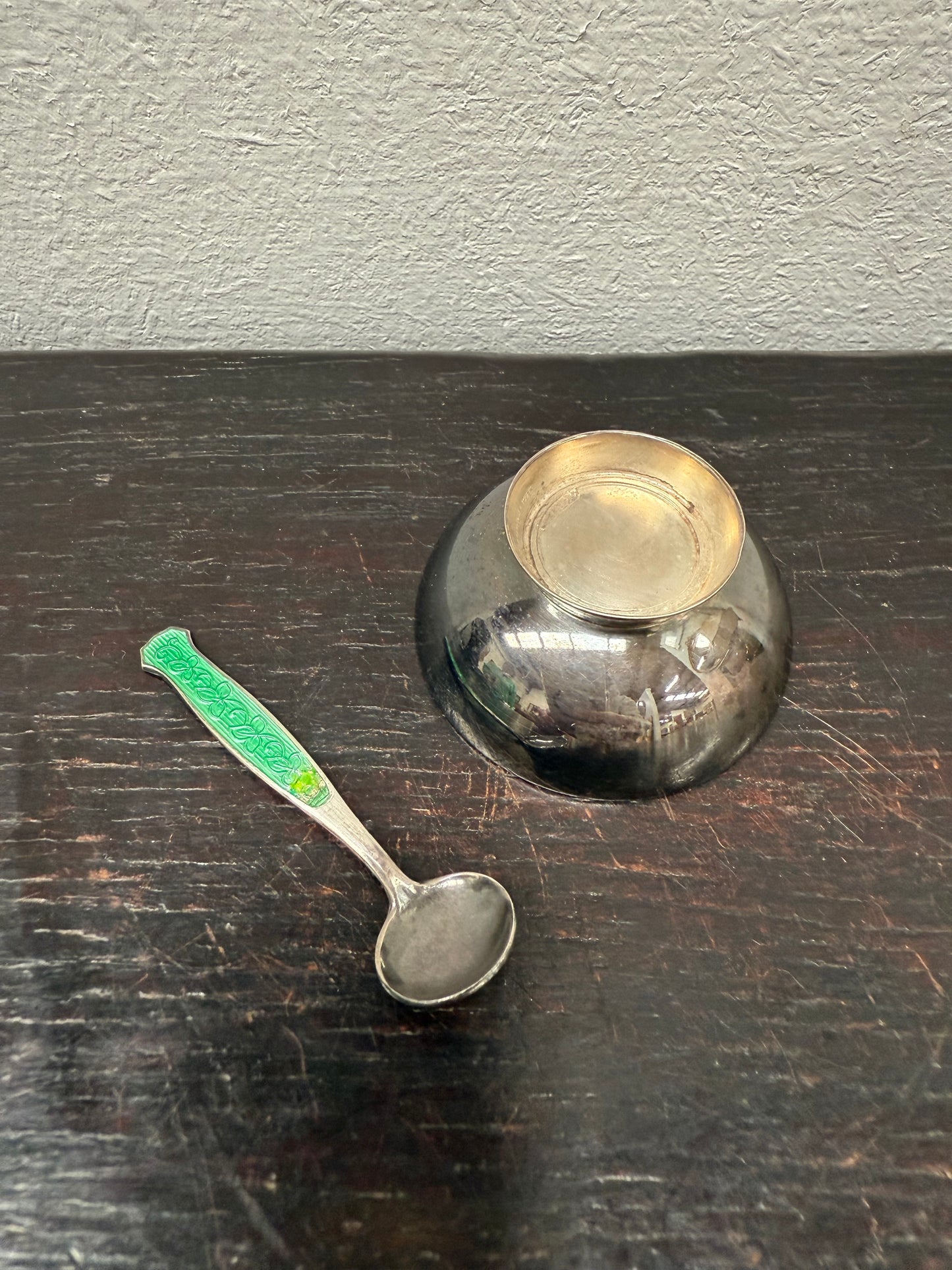 Danish Silver & Enamel Salt Cellar & Spoon