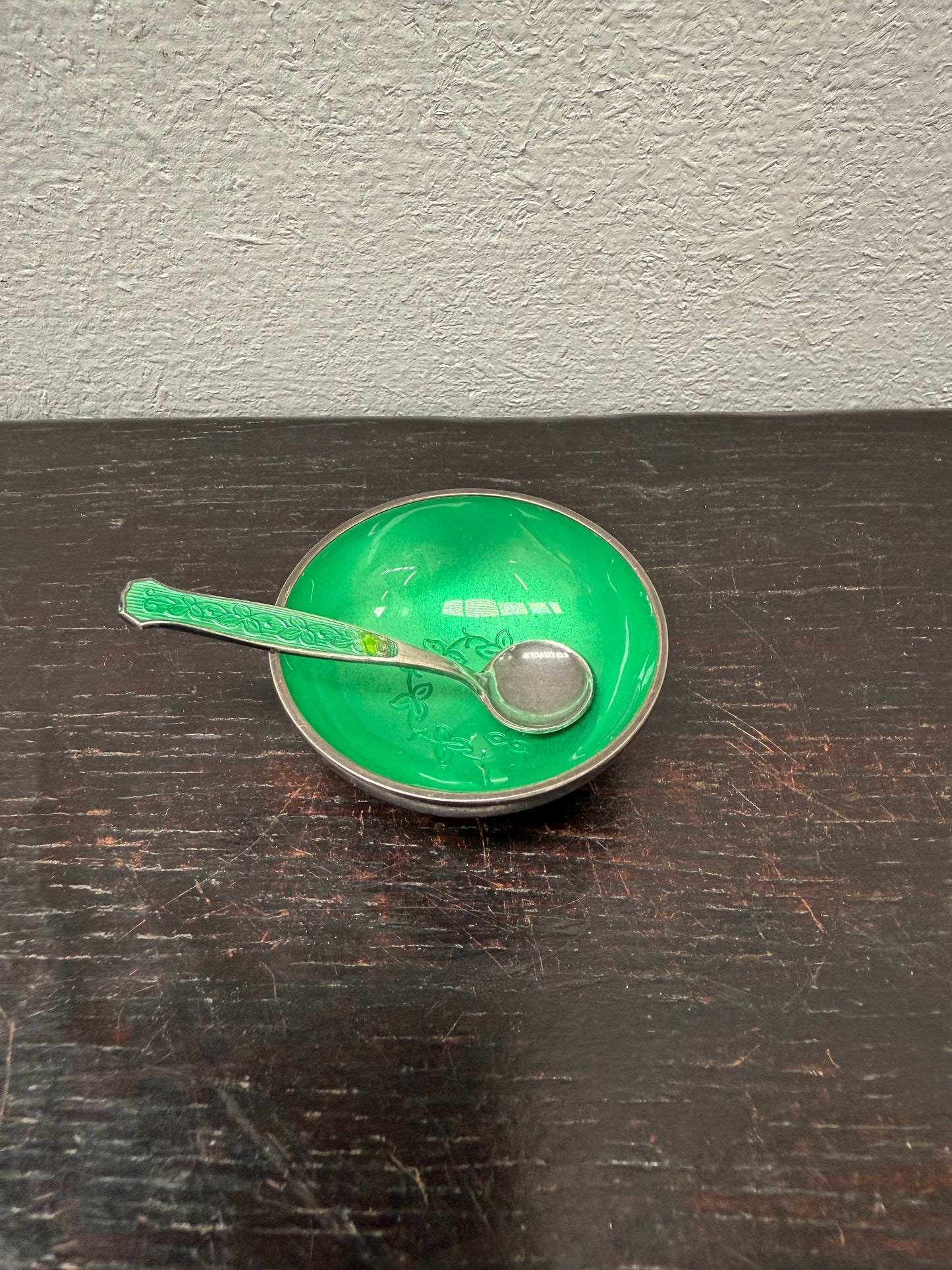 Danish Silver & Enamel Salt Cellar & Spoon