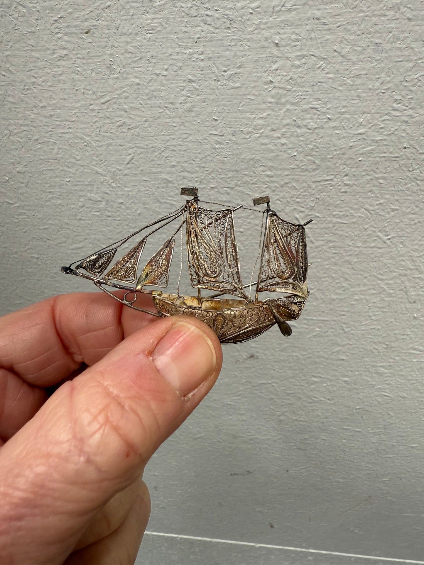 Antique Silver (900) Filigree Sailing Ship